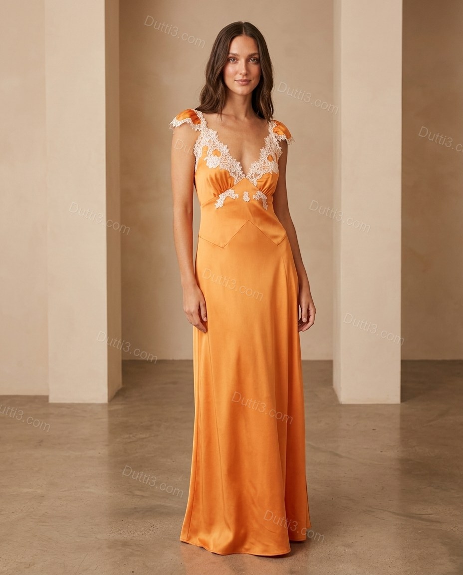 Orange Floral Maxi Satin Dress, full-length hero view, by Dutti3