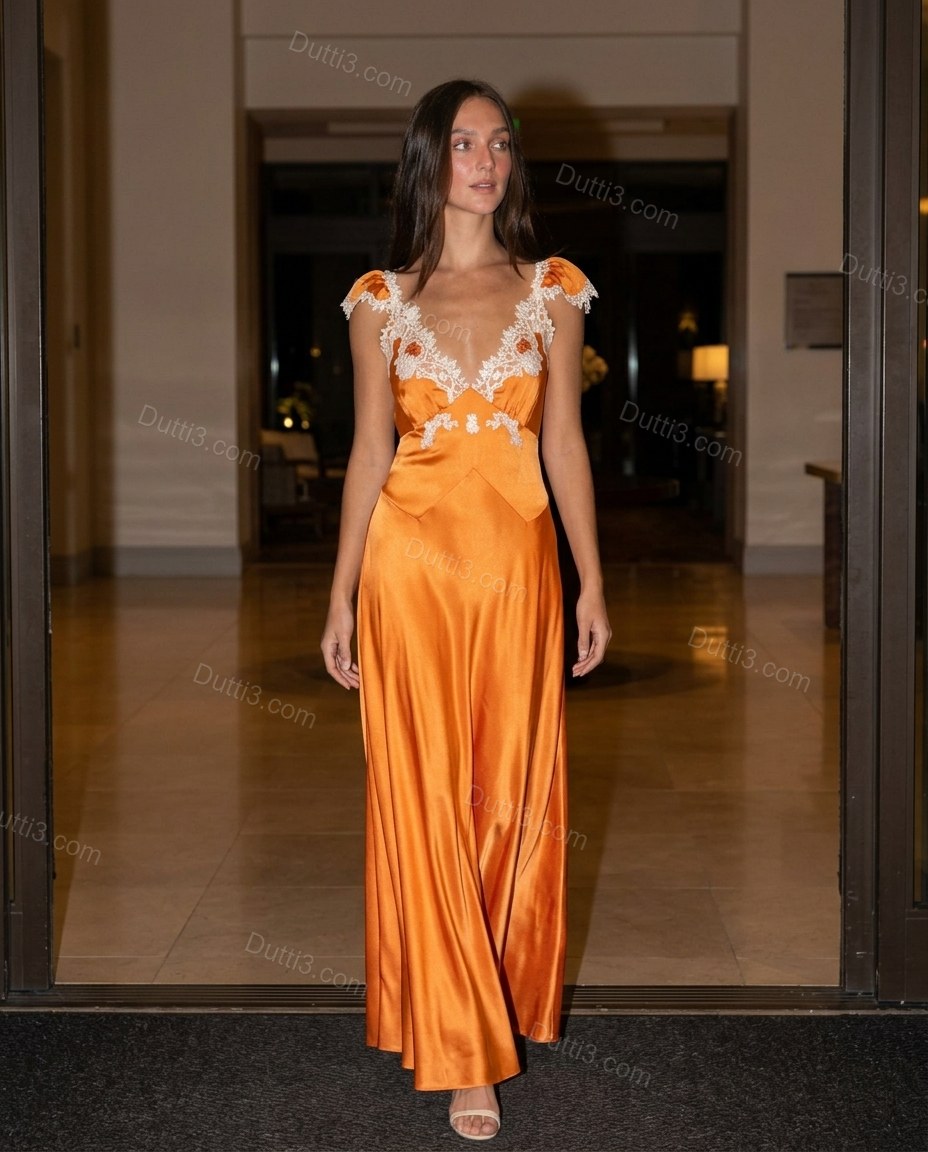 Orange Floral Maxi Satin Dress, three-quarter brand lifestyle view, by Dutti3