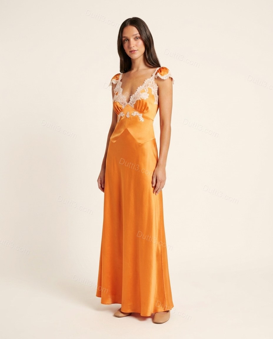 Orange Floral Maxi Satin Dress, front studio view, by Dutti3