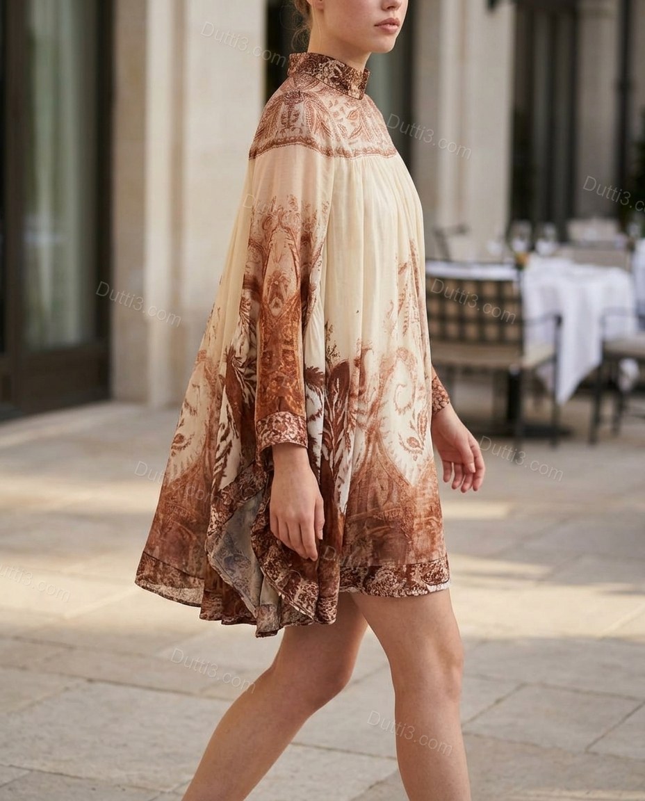 Beige Abstract Mini Dress, alternate use-case lifestyle view, by Dutti3