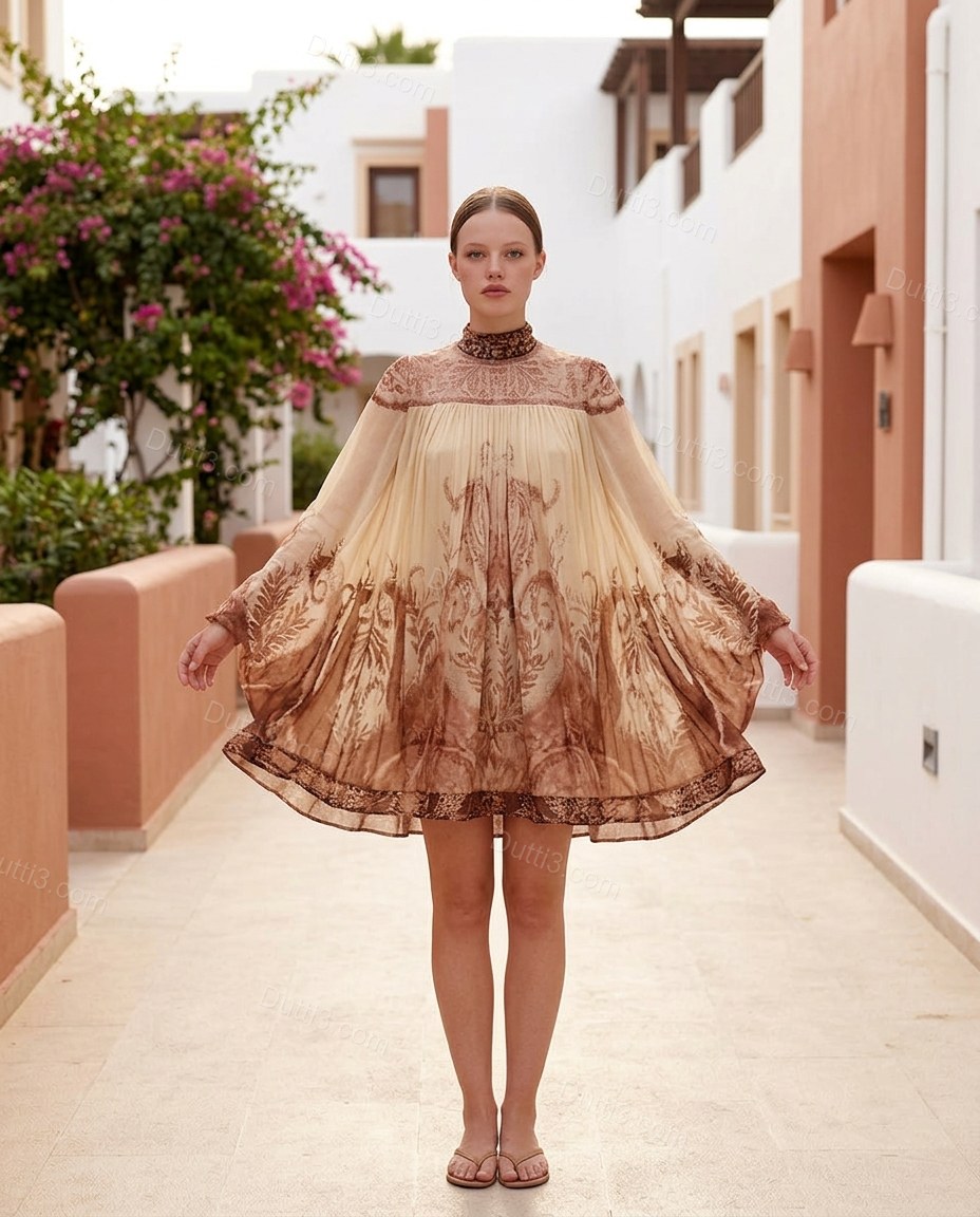 Beige Abstract Mini Dress, three-quarter brand lifestyle view, by Dutti3