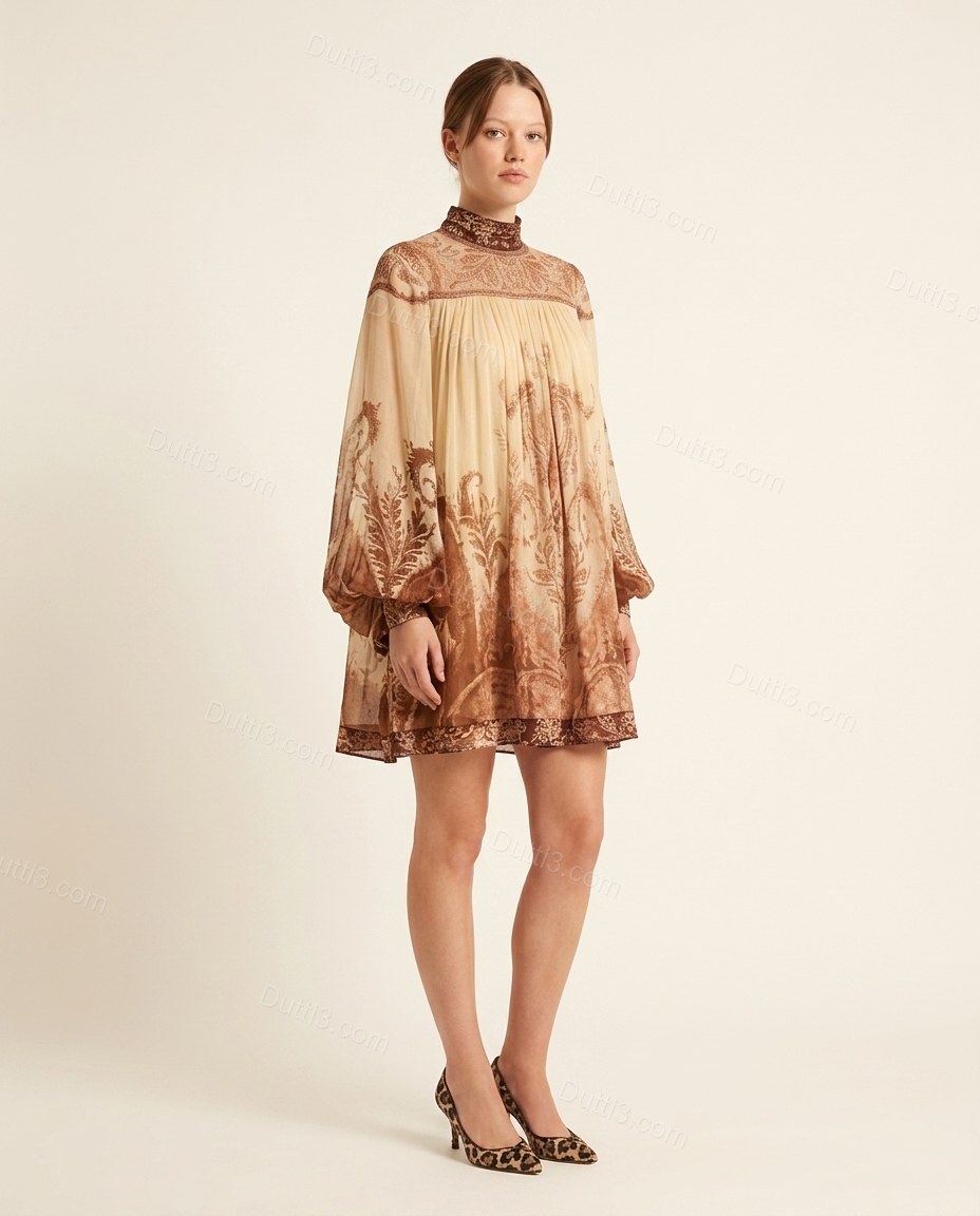 Beige Abstract Mini Dress, front studio view, by Dutti3
