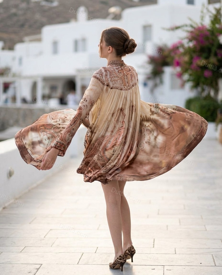 Beige Abstract Mini Dress, movement and fit lifestyle view, by Dutti3