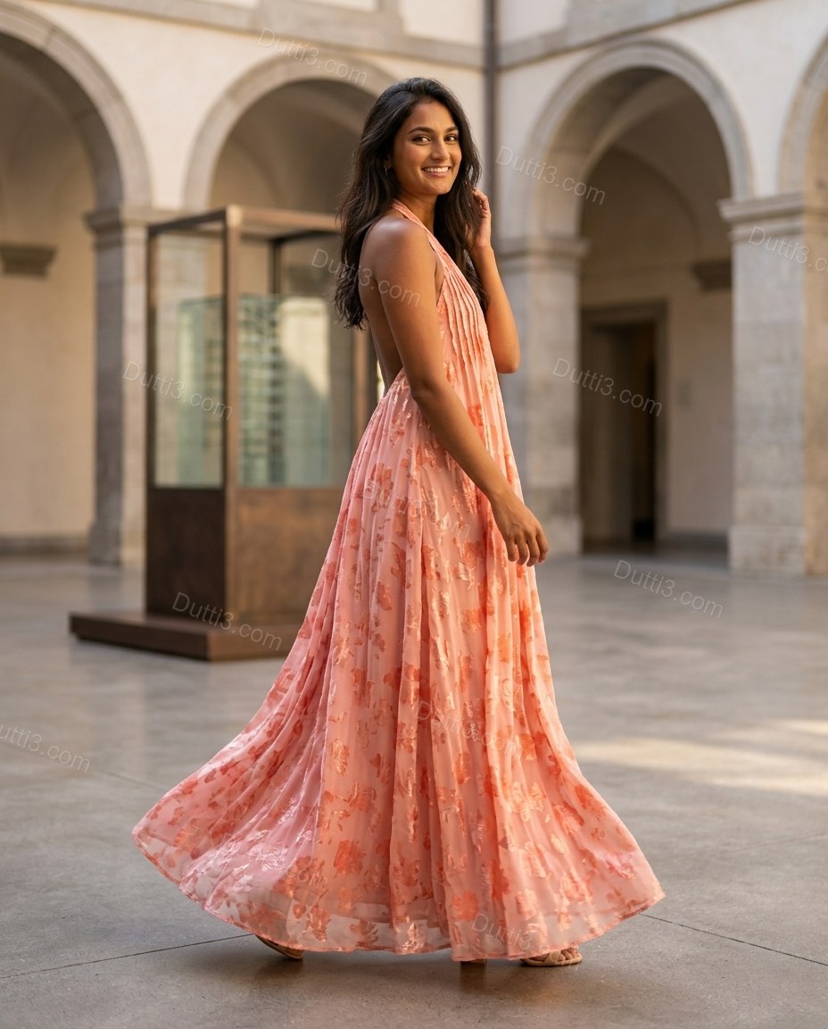 Pink Abstract Maxi Open-Back Dress, walking lifestyle view, by Dutti3