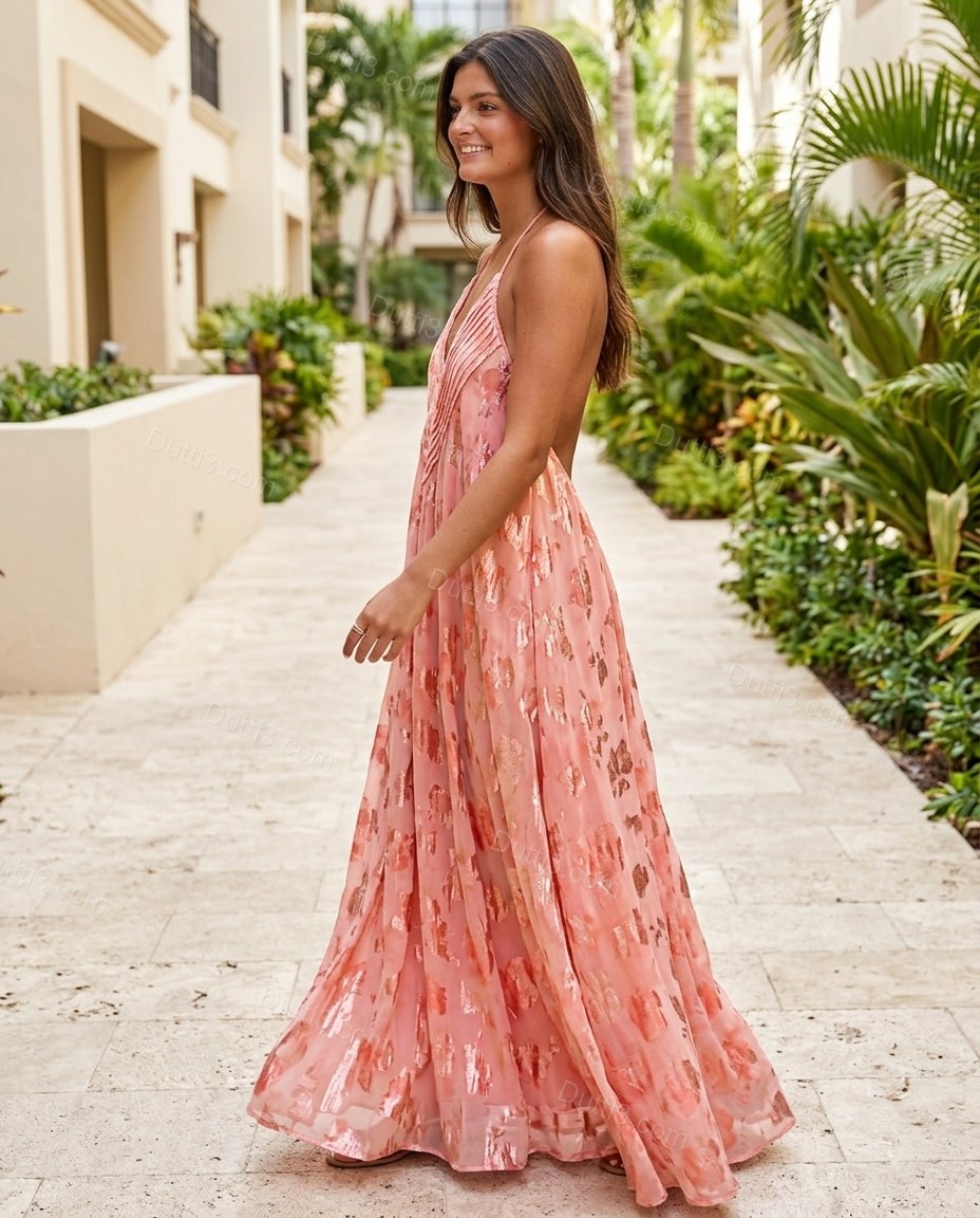 Pink Abstract Maxi Open-Back Dress, alternate use-case lifestyle view, by Dutti3