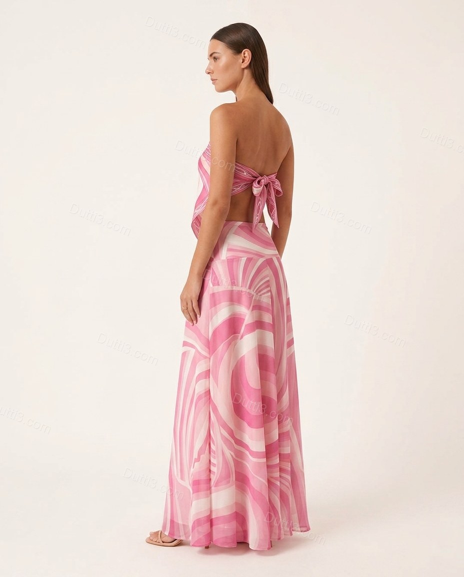 Pink Abstract Maxi Open-Back Top & Skirt Set, back studio view, by Dutti3