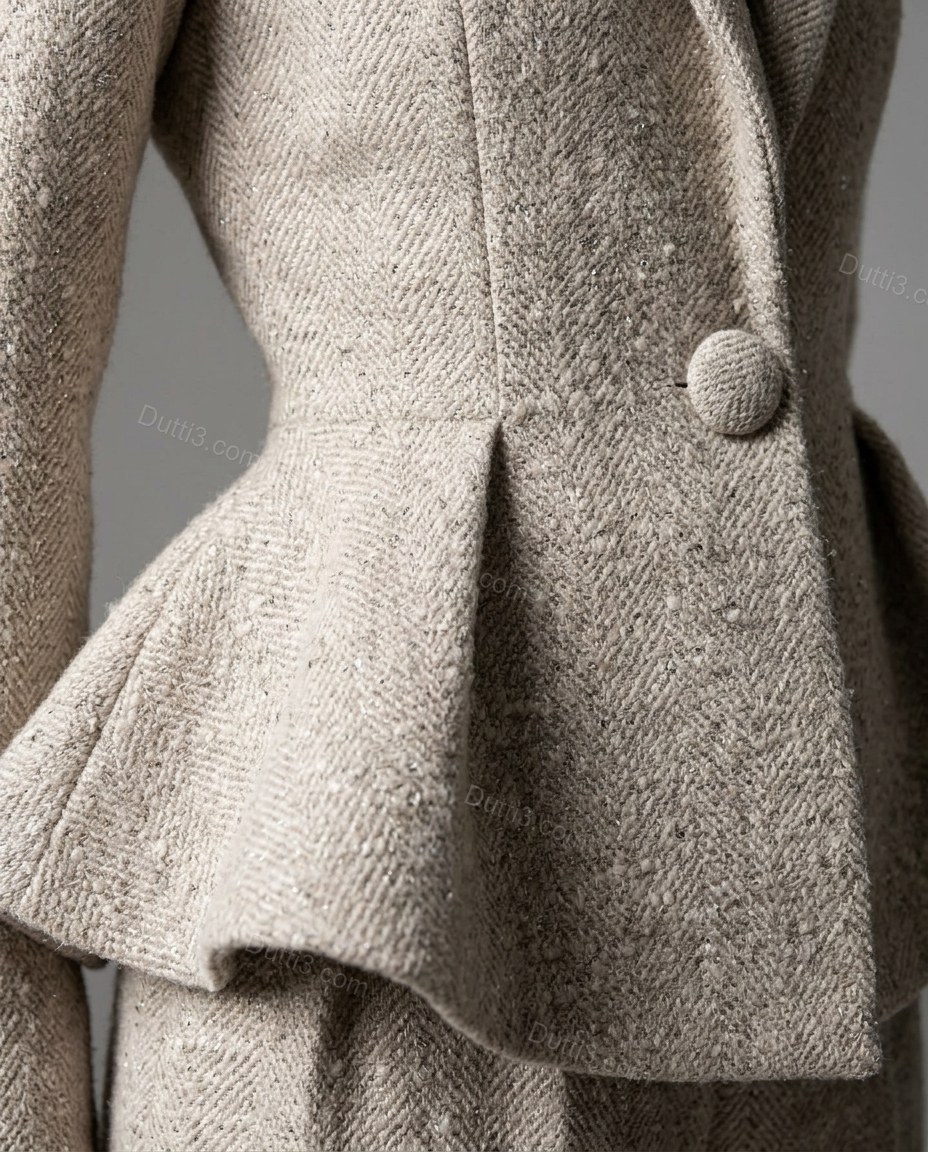 Light Beige Ruffled Pleated Peplum Shorts Set, close-up of peplum hem, tiered ruffles and button closure, by Dutti3