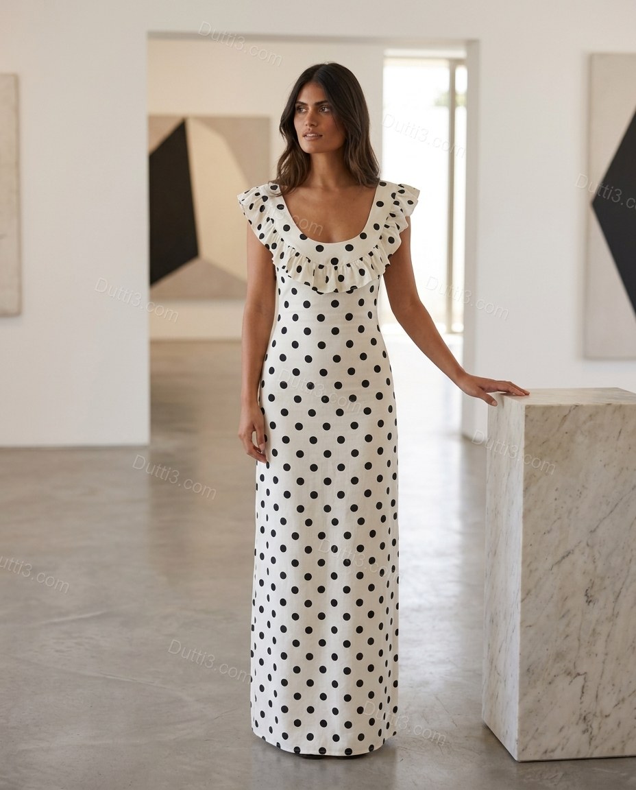 White Polka Dot Maxi Ruffled Dress, three-quarter brand lifestyle view, by Dutti3