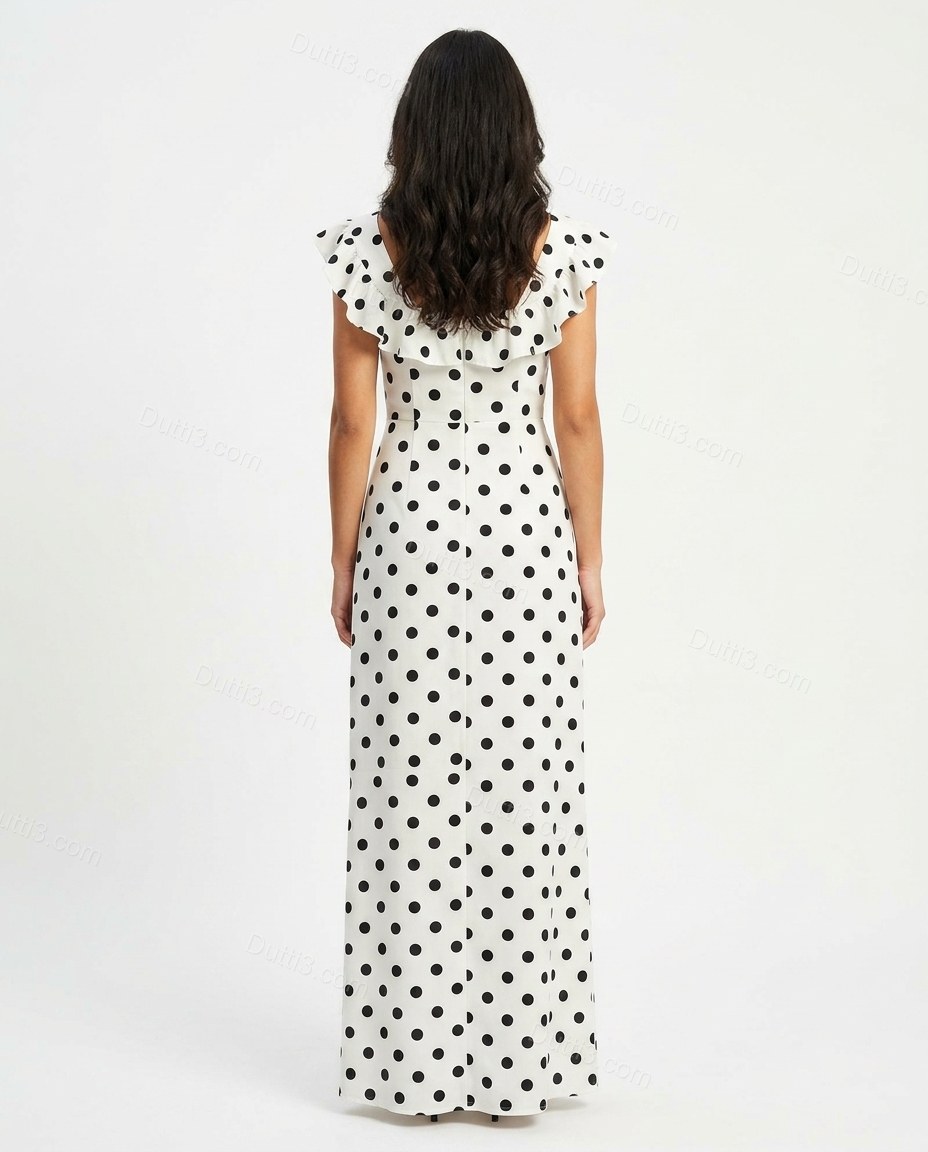 White Polka Dot Maxi Ruffled Dress, back studio view showing ruffle detail visible on back shoulder area, rest unclear, by Dutti3