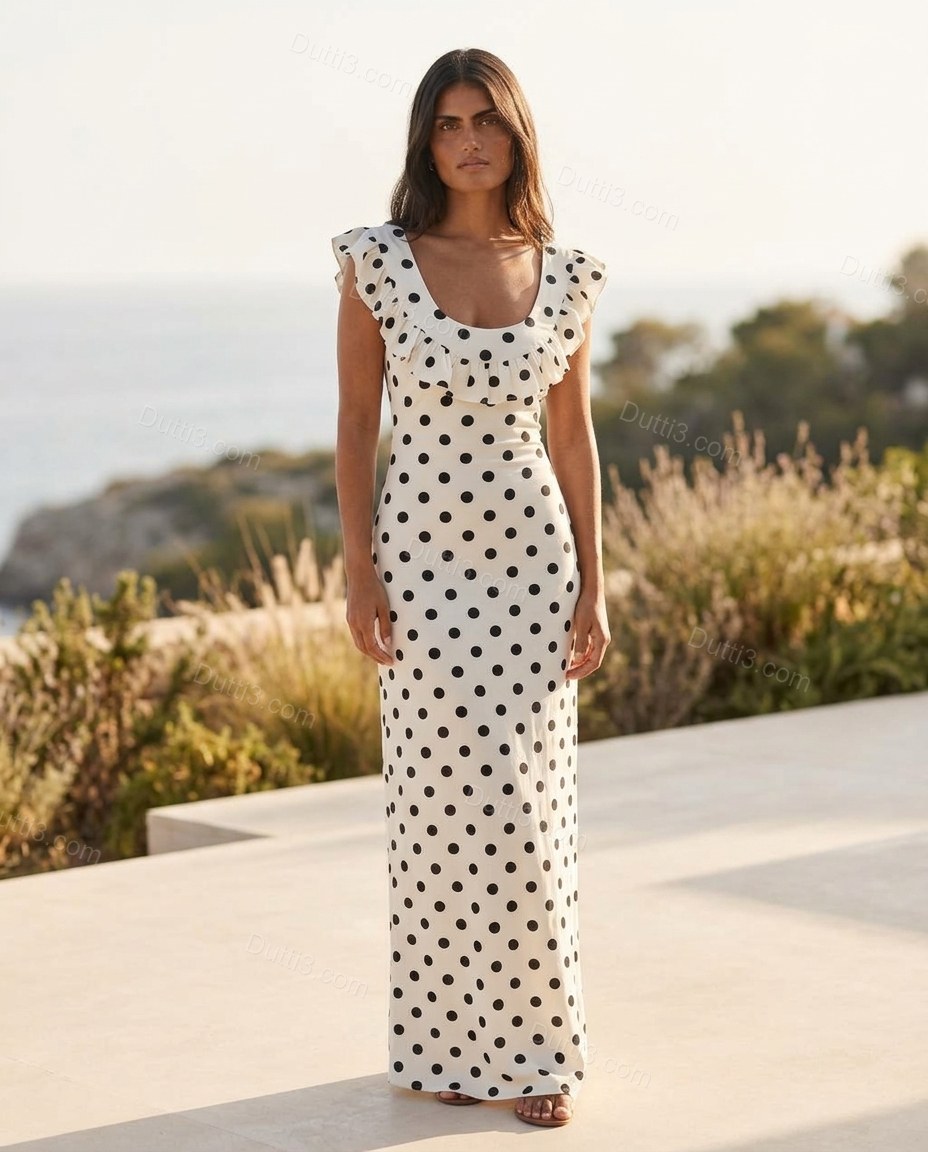 White Polka Dot Maxi Ruffled Dress, full-length hero view, by Dutti3
