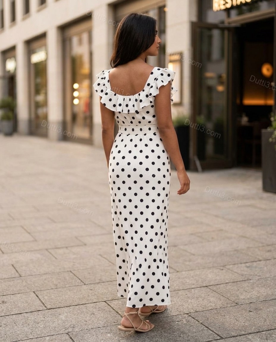 White Polka Dot Maxi Ruffled Dress, movement and fit lifestyle view, by Dutti3