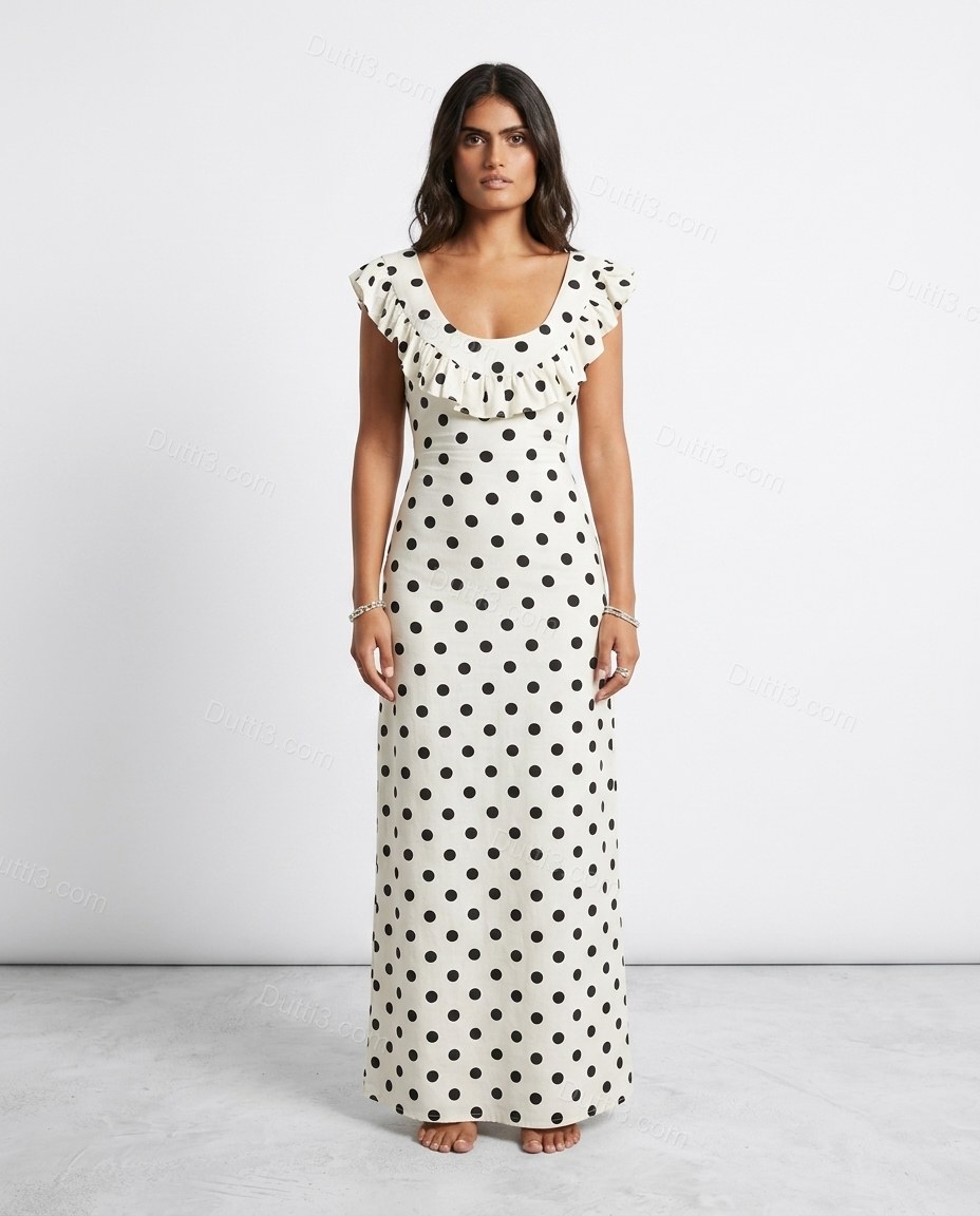 White Polka Dot Maxi Ruffled Dress, front studio view, by Dutti3