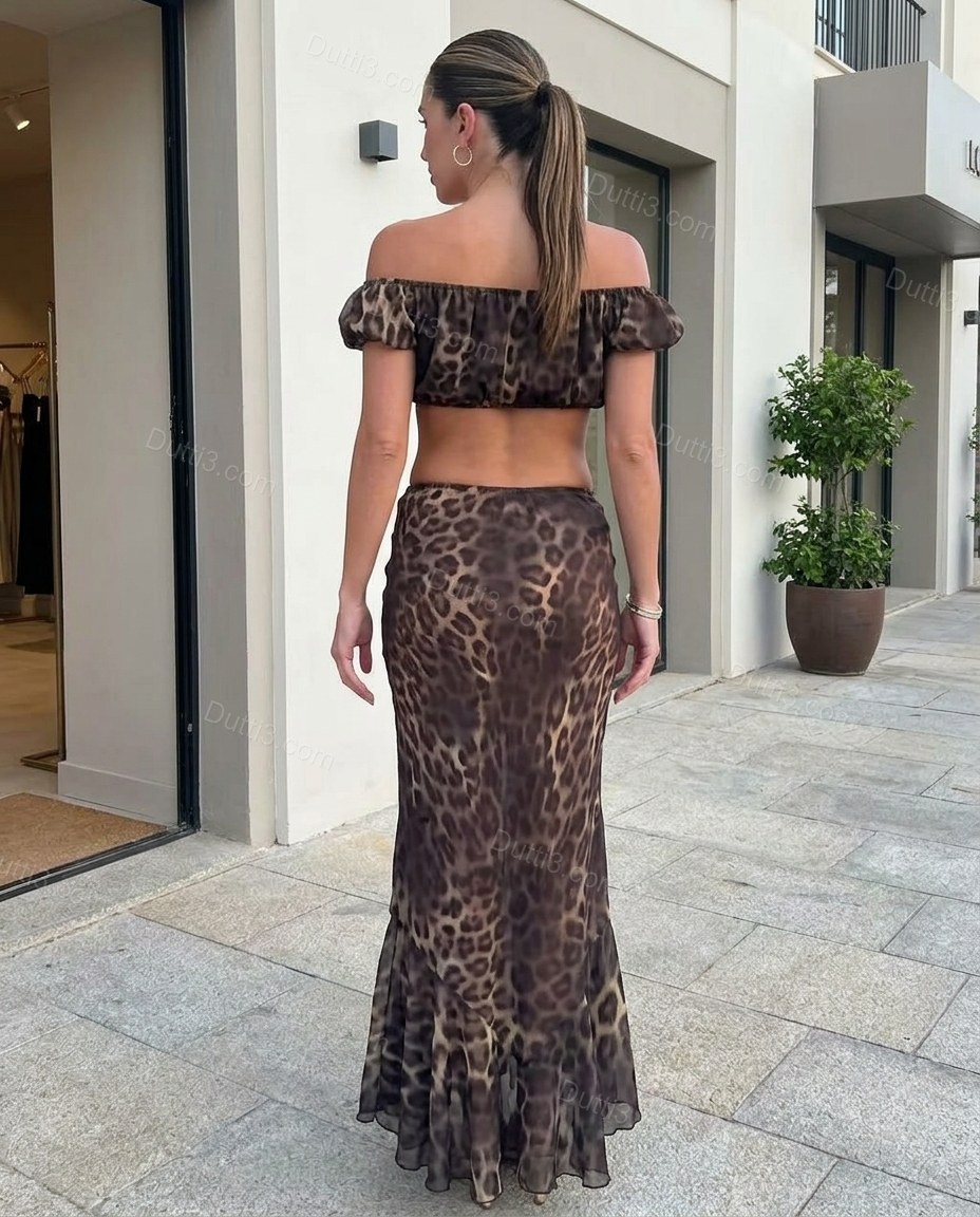 Brown Leopard Print Maxi Off-Shoulder Top & Skirt Set, movement and fit lifestyle view, by Dutti3
