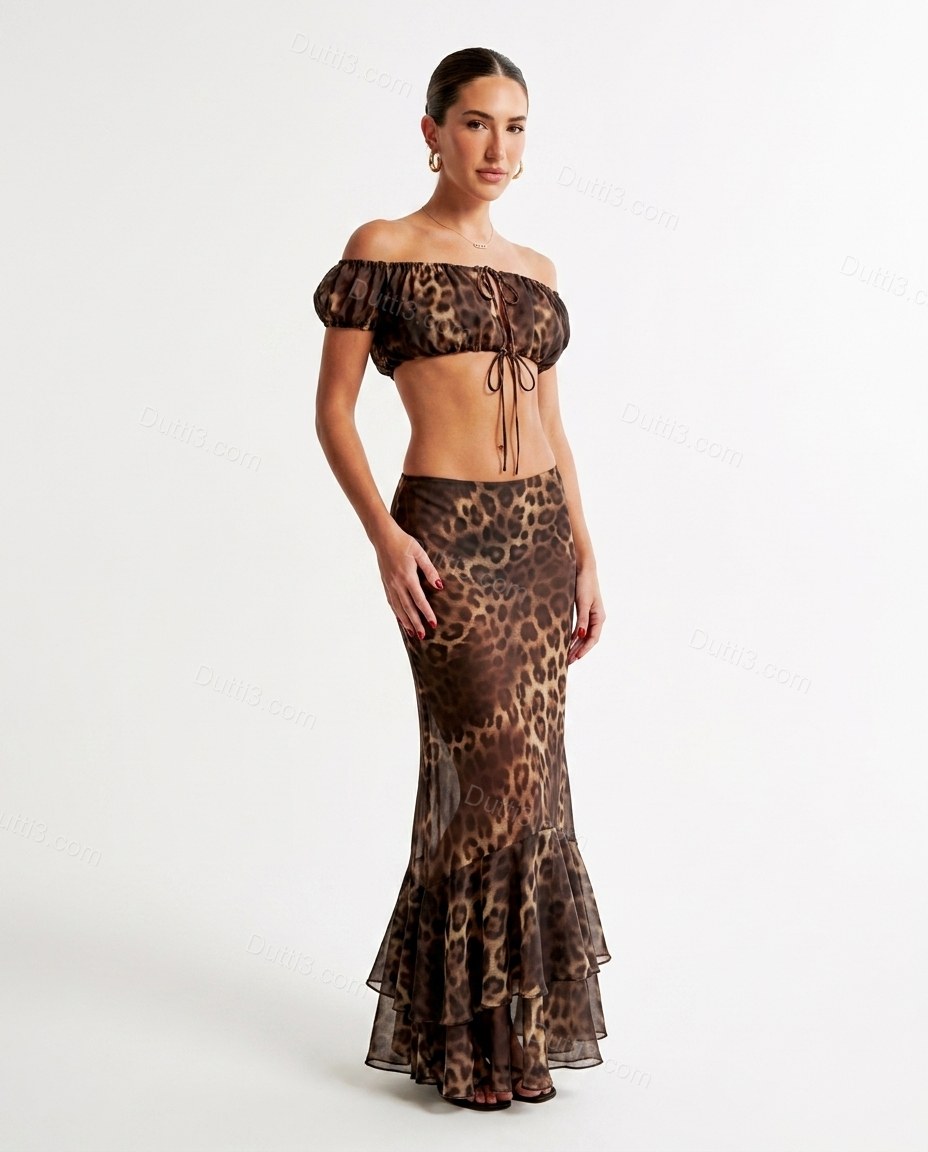 Brown Leopard Print Maxi Off-Shoulder Top & Skirt Set, front studio view, by Dutti3