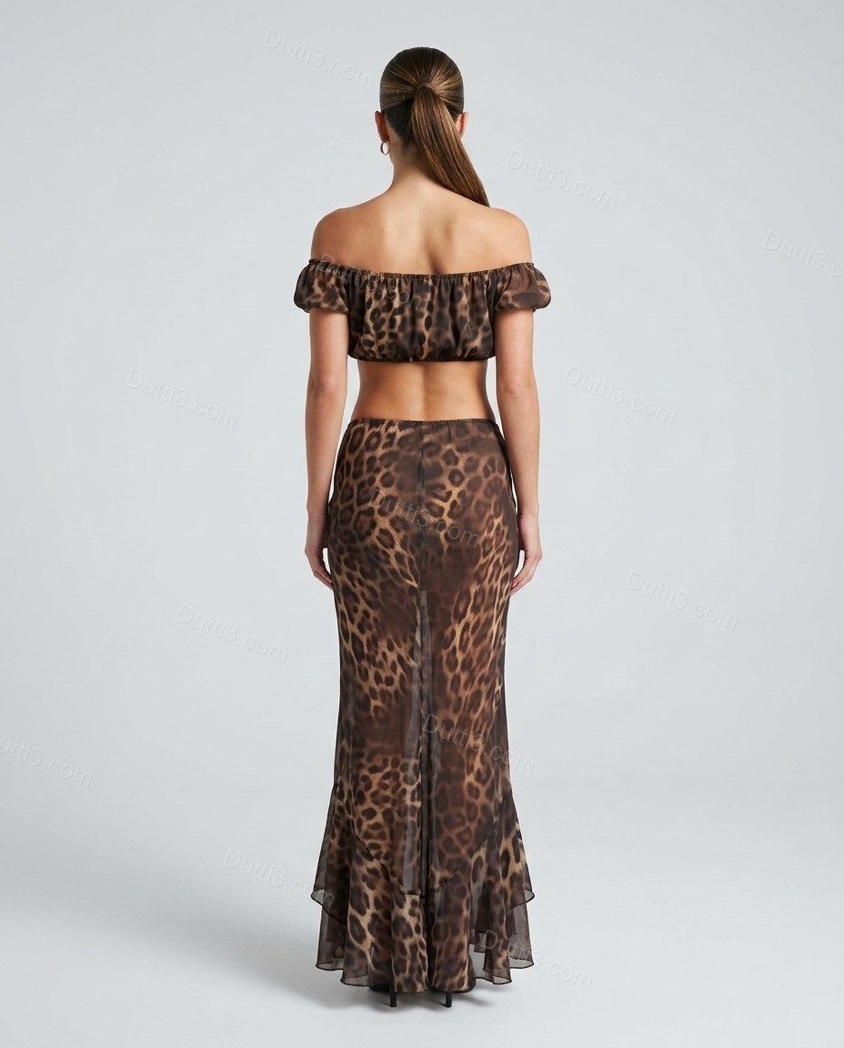 Brown Leopard Print Maxi Off-Shoulder Top & Skirt Set, back studio view, by Dutti3