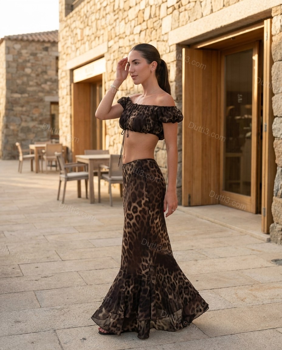 Brown Leopard Print Maxi Off-Shoulder Top & Skirt Set, walking lifestyle view, by Dutti3