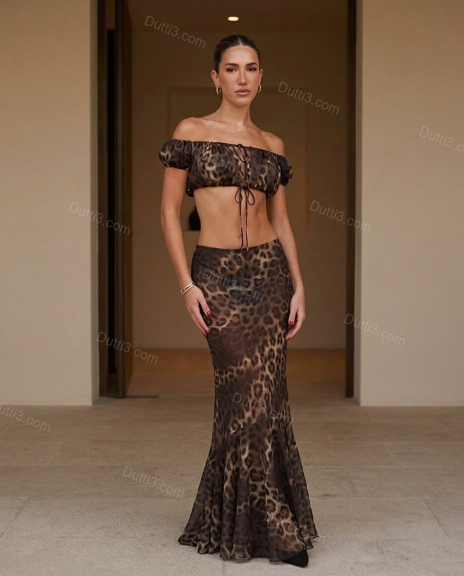 Brown Leopard Print Maxi Off-Shoulder Top & Skirt Set, full-length hero view, by Dutti3