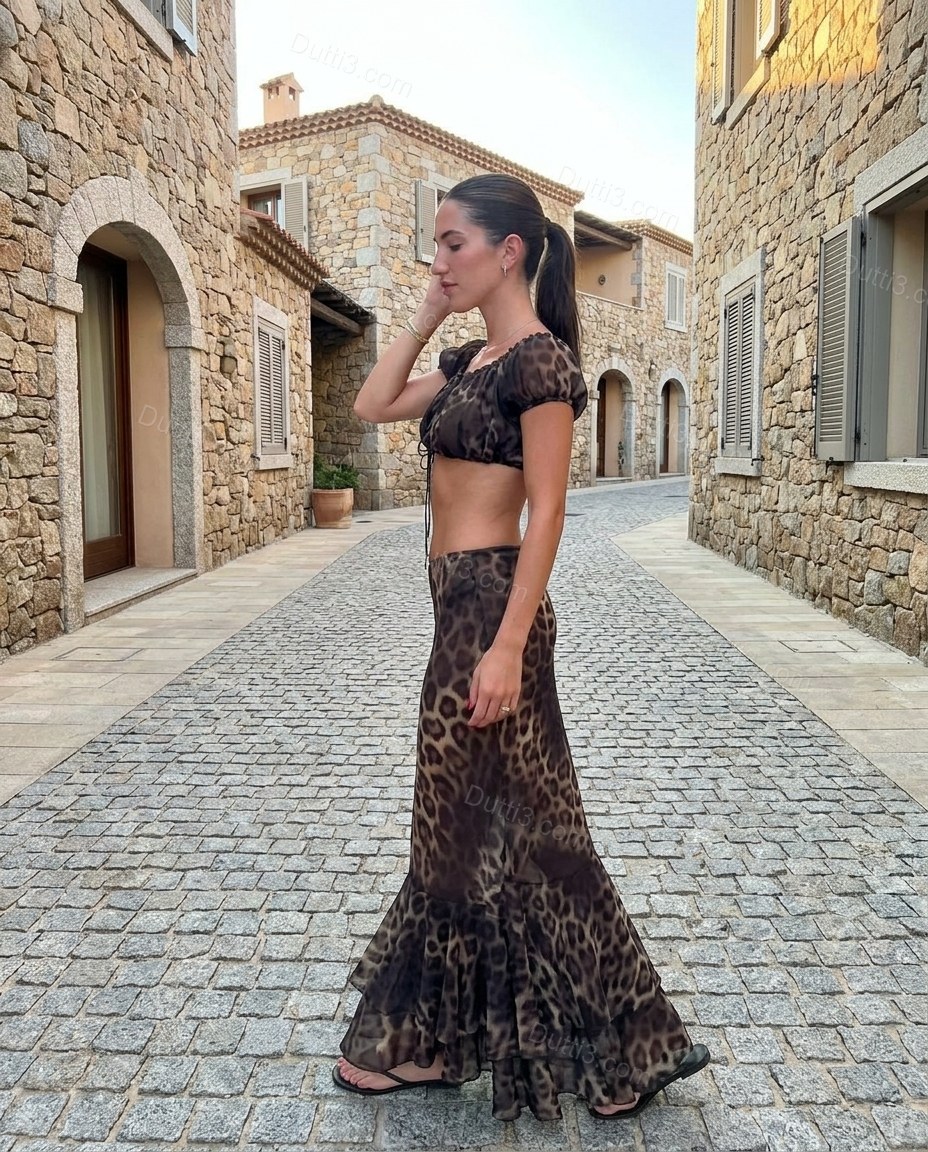 Brown Leopard Print Maxi Off-Shoulder Top & Skirt Set, alternate use-case lifestyle view, by Dutti3