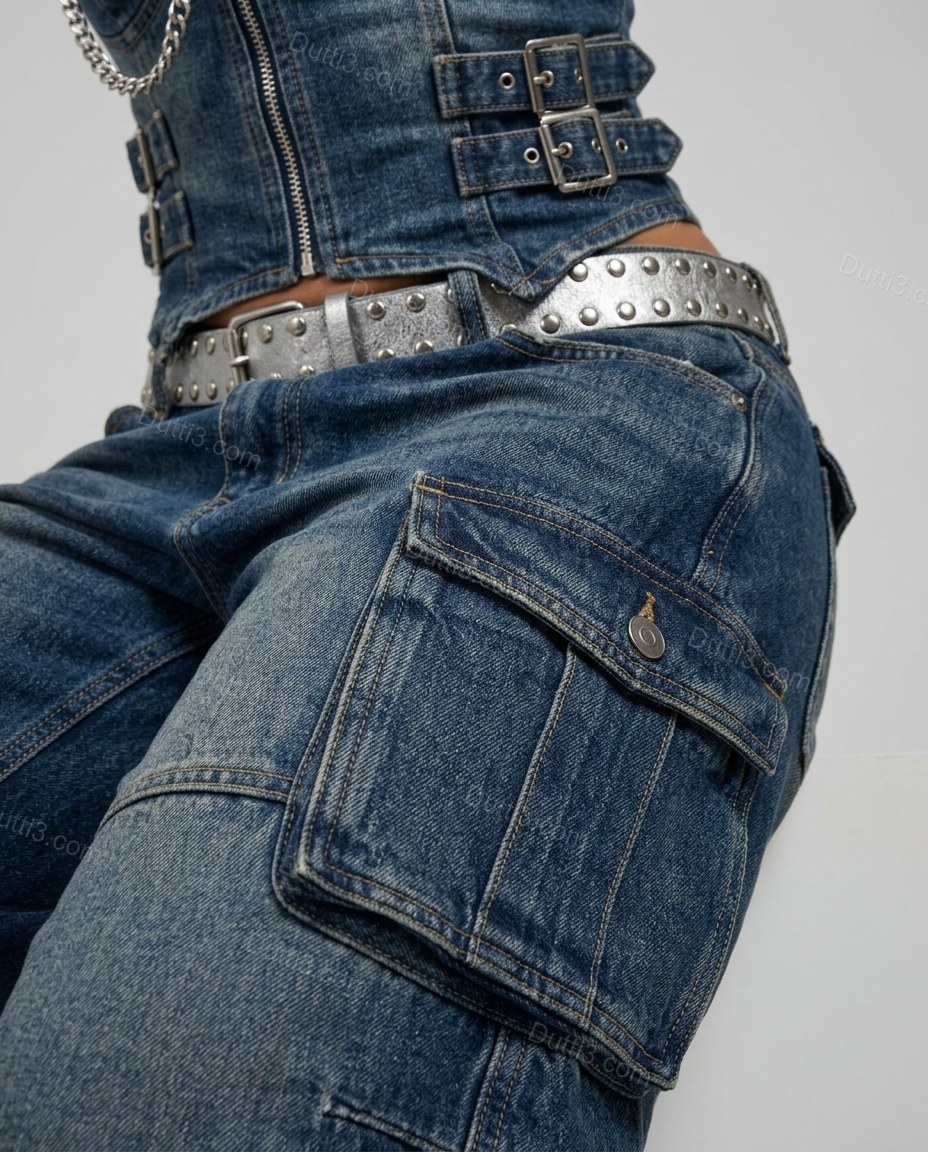 Blue Strapless Denim Pants, close-up of brown and silver accents, front zipper closure and decorative buckle straps, by Dutti3