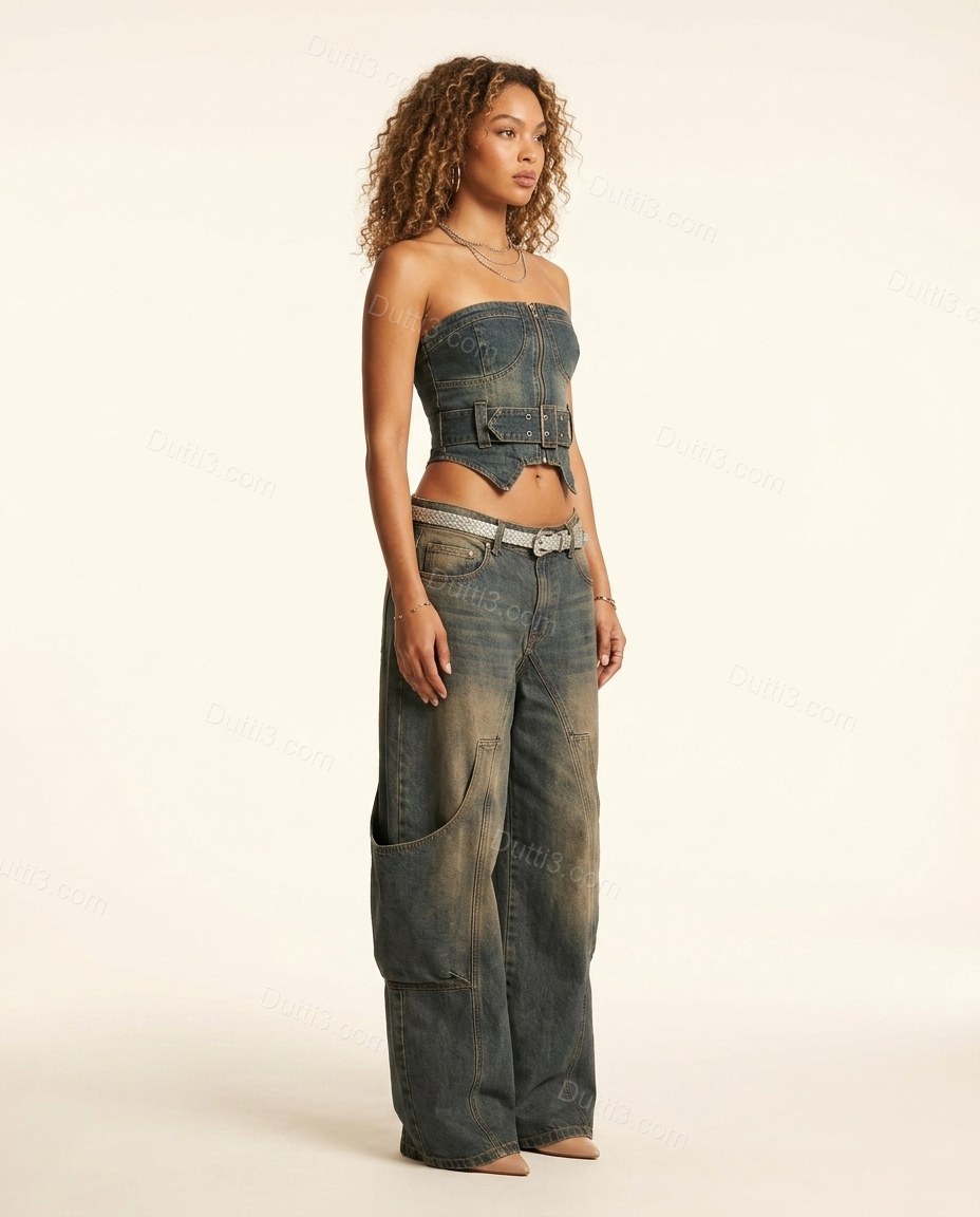 Blue Strapless Denim Pants, side and back studio view, by Dutti3