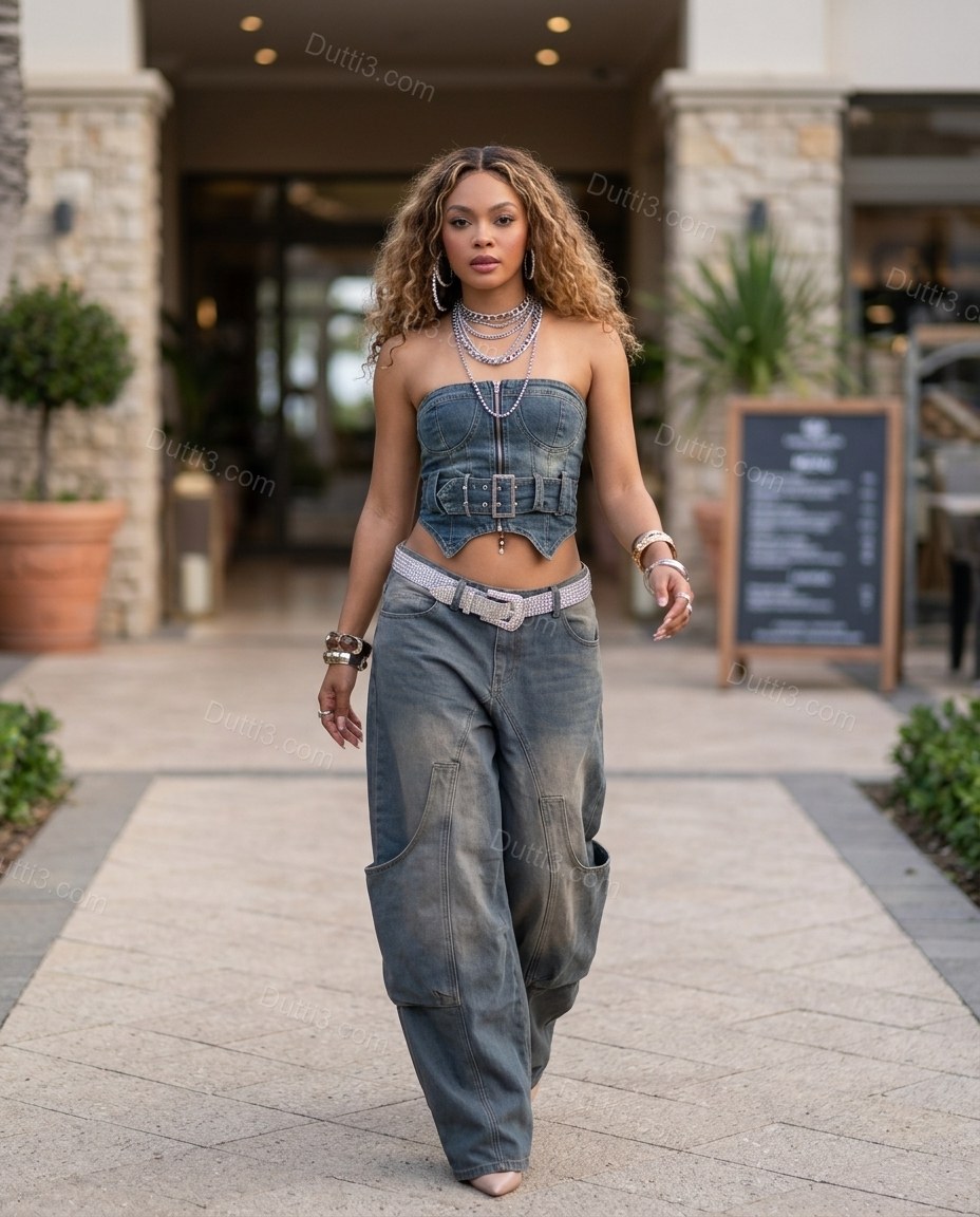 Blue Strapless Denim Pants, walking lifestyle view, by Dutti3