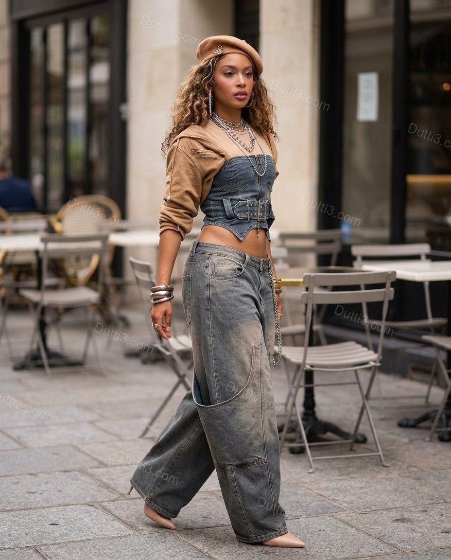Blue Strapless Denim Pants, movement and fit lifestyle view, by Dutti3