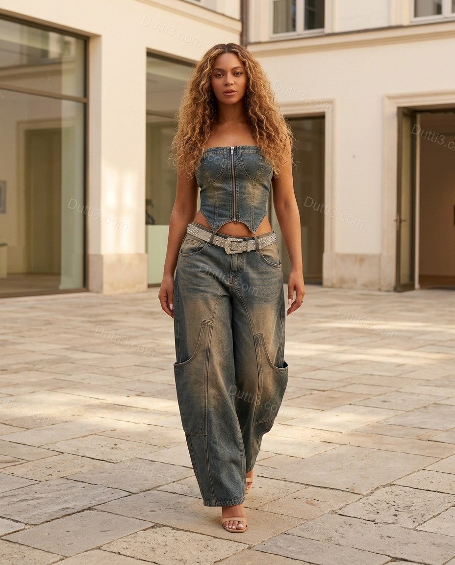 Blue Strapless Denim Pants, three-quarter brand lifestyle view, by Dutti3