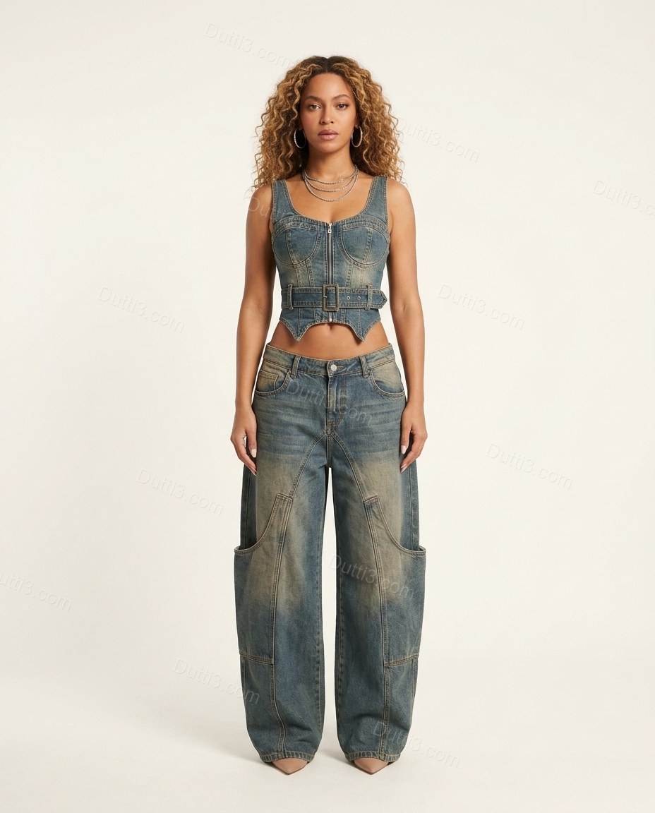 Blue Strapless Denim Pants, front studio view, by Dutti3