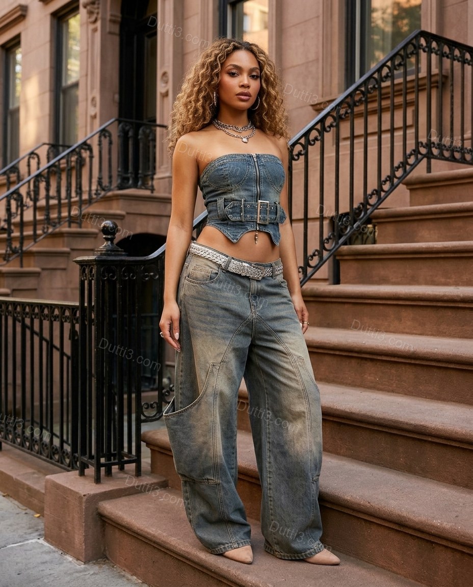 Blue Strapless Denim Pants, alternate use-case lifestyle view, by Dutti3