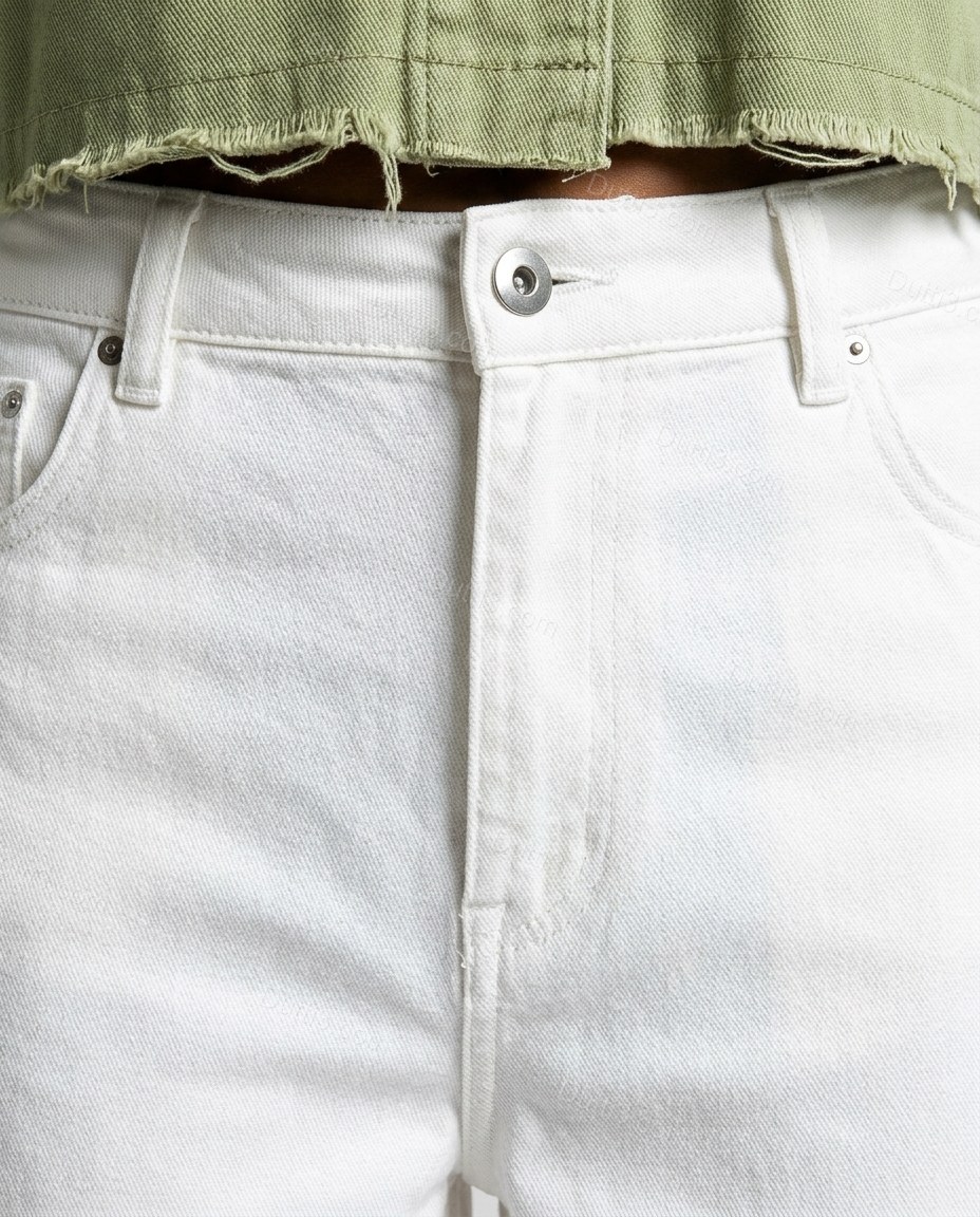 White Denim Pants, close-up of front scoop pockets, belt loops and button and zipper fly closure, by Dutti3