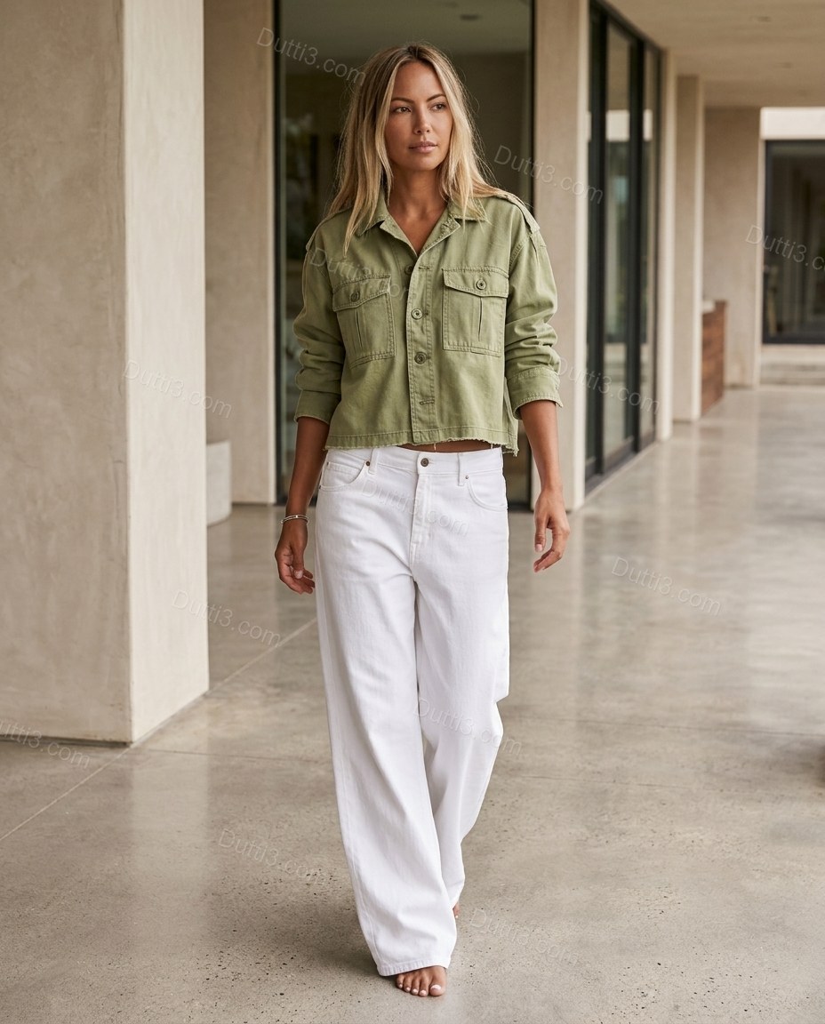 White Denim Pants, movement and fit lifestyle view, by Dutti3