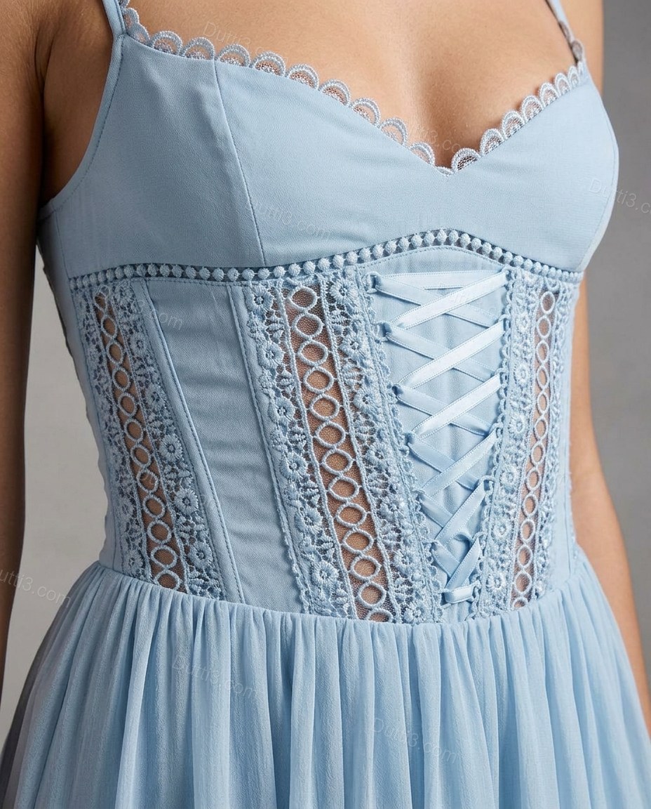 Light Blue Geometric Mini Eyelet Dress, close-up of geometric and eyelet cutwork, by Dutti3