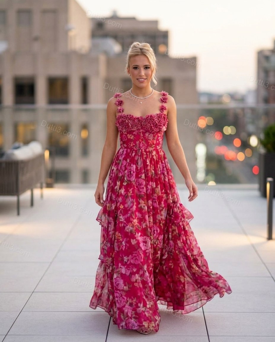 Fuchsia Floral Ruffled Tiered Bottom, walking lifestyle view, by Dutti3
