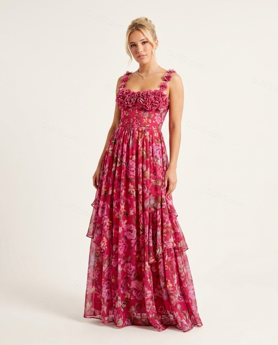 Fuchsia Floral Ruffled Tiered Bottom, front studio view, by Dutti3