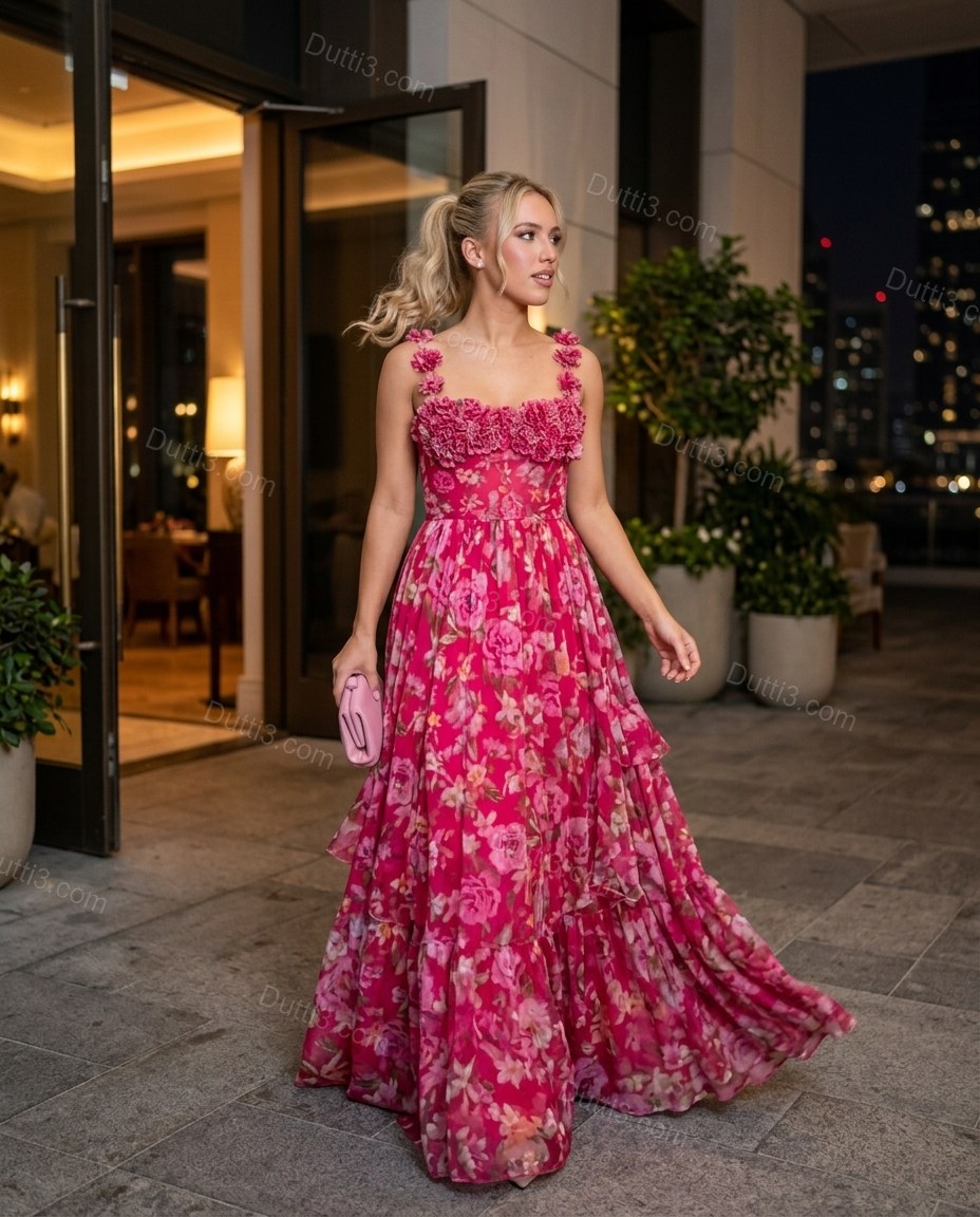 Fuchsia Floral Ruffled Tiered Bottom, movement and fit lifestyle view, by Dutti3