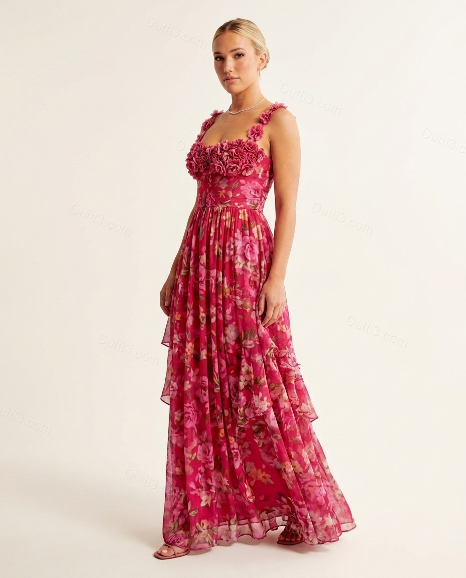 Fuchsia Floral Ruffled Tiered Bottom, side and back studio view, by Dutti3