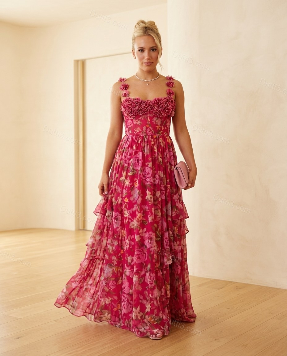 Fuchsia Floral Ruffled Tiered Bottom, full-length hero view, by Dutti3