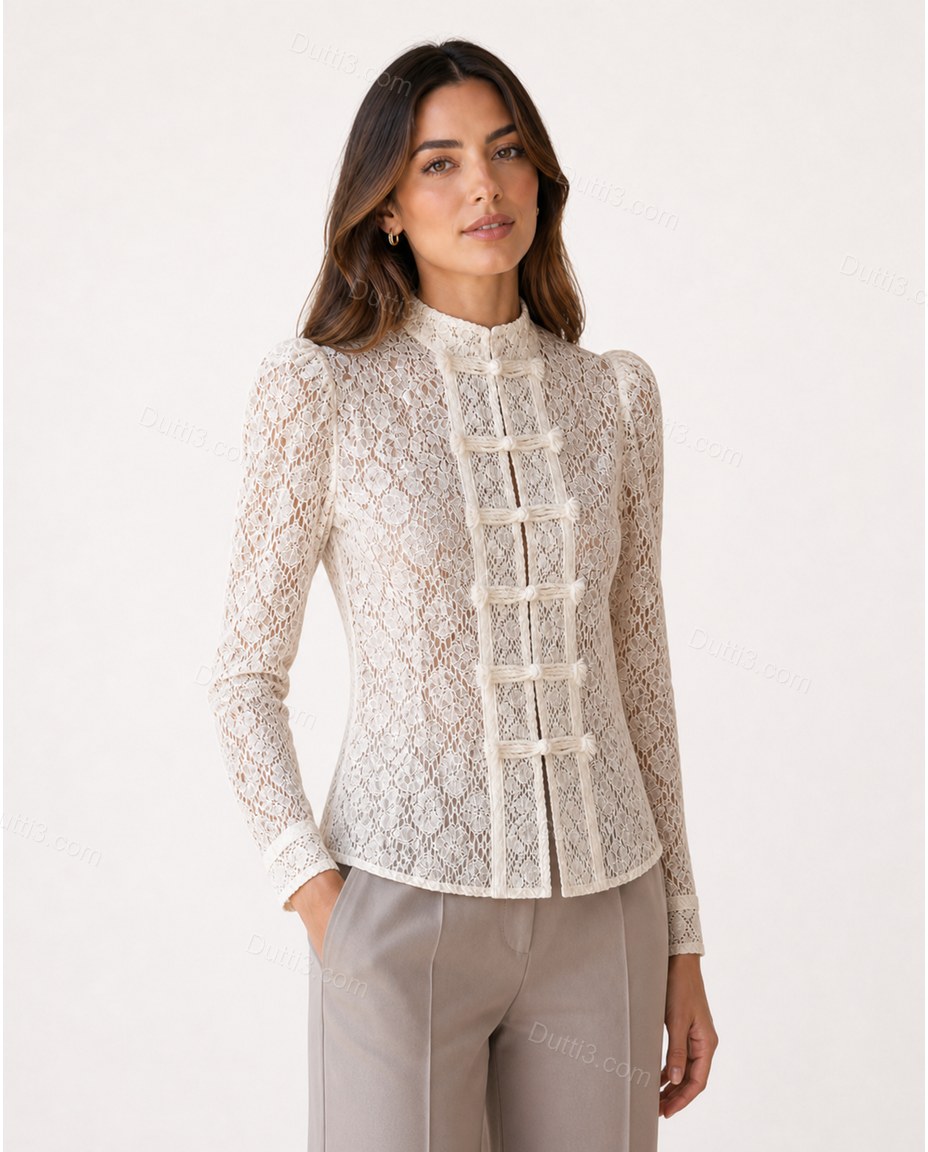 Cream White Floral Lace Blouse, side and back studio view, by Dutti3