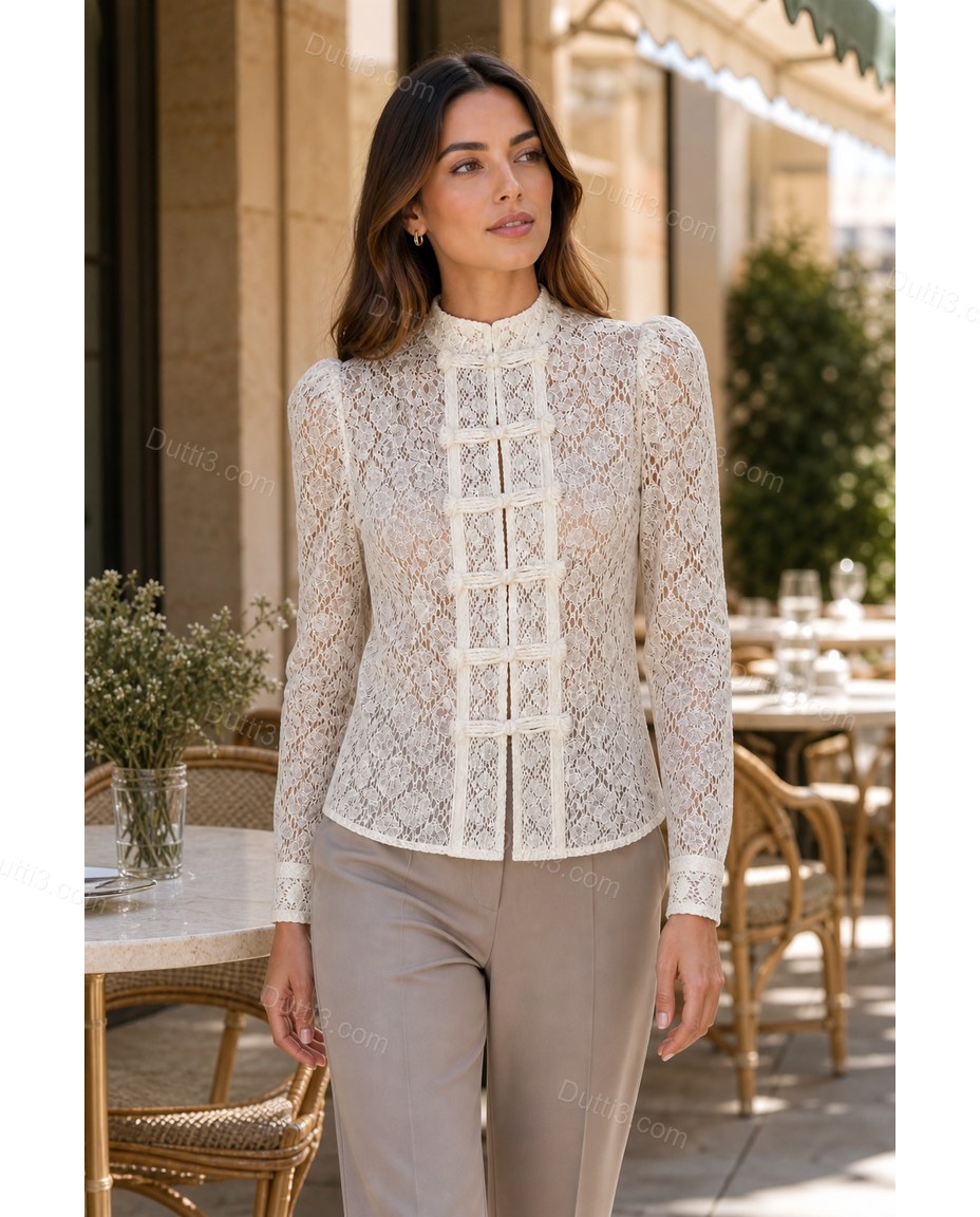 Cream White Floral Lace Blouse, walking lifestyle view, by Dutti3