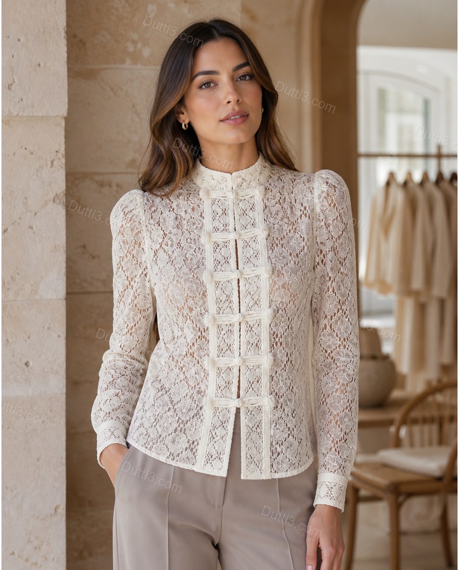 Cream White Floral Lace Blouse, full-length hero view, by Dutti3