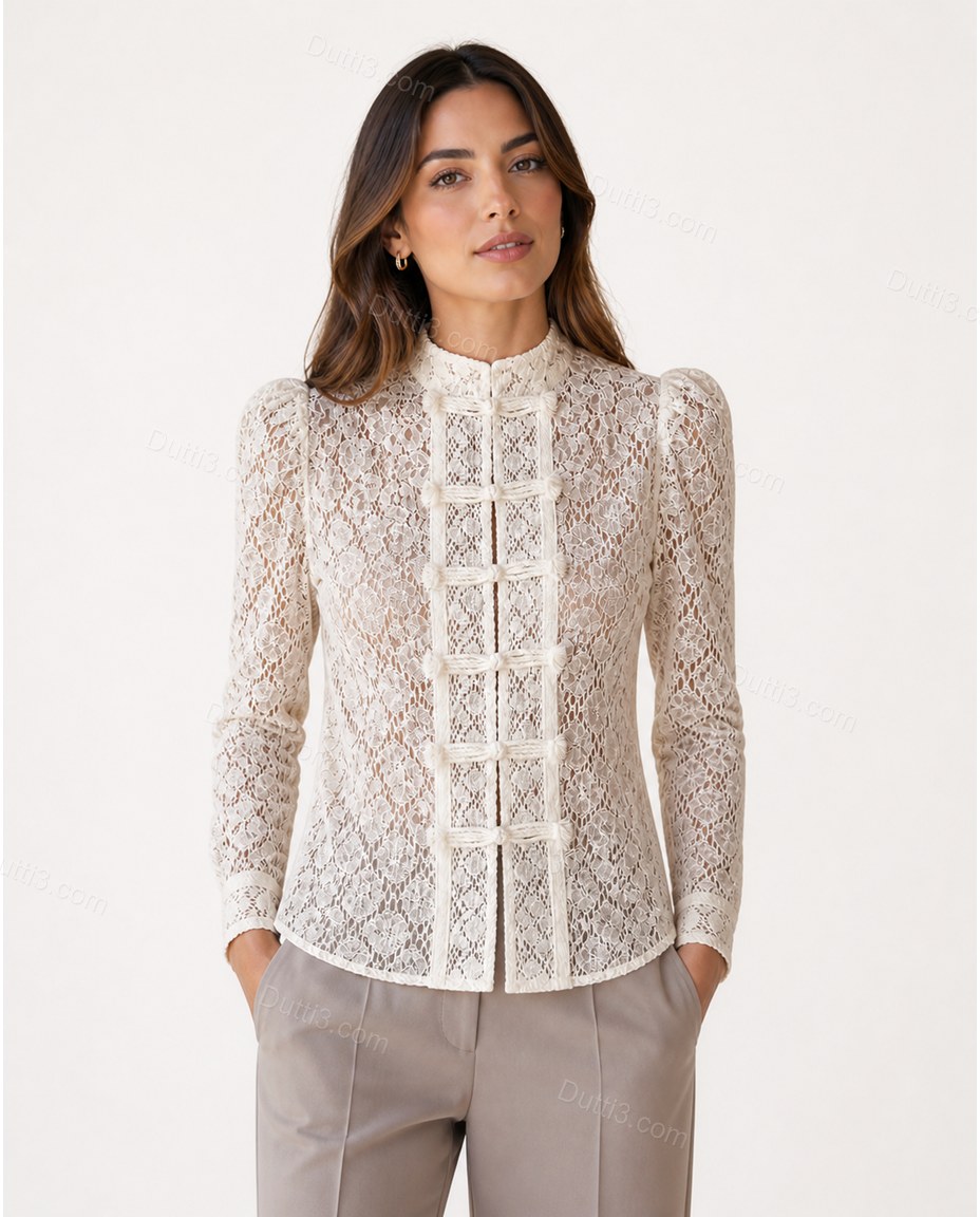 Cream White Floral Lace Blouse, front studio view, by Dutti3