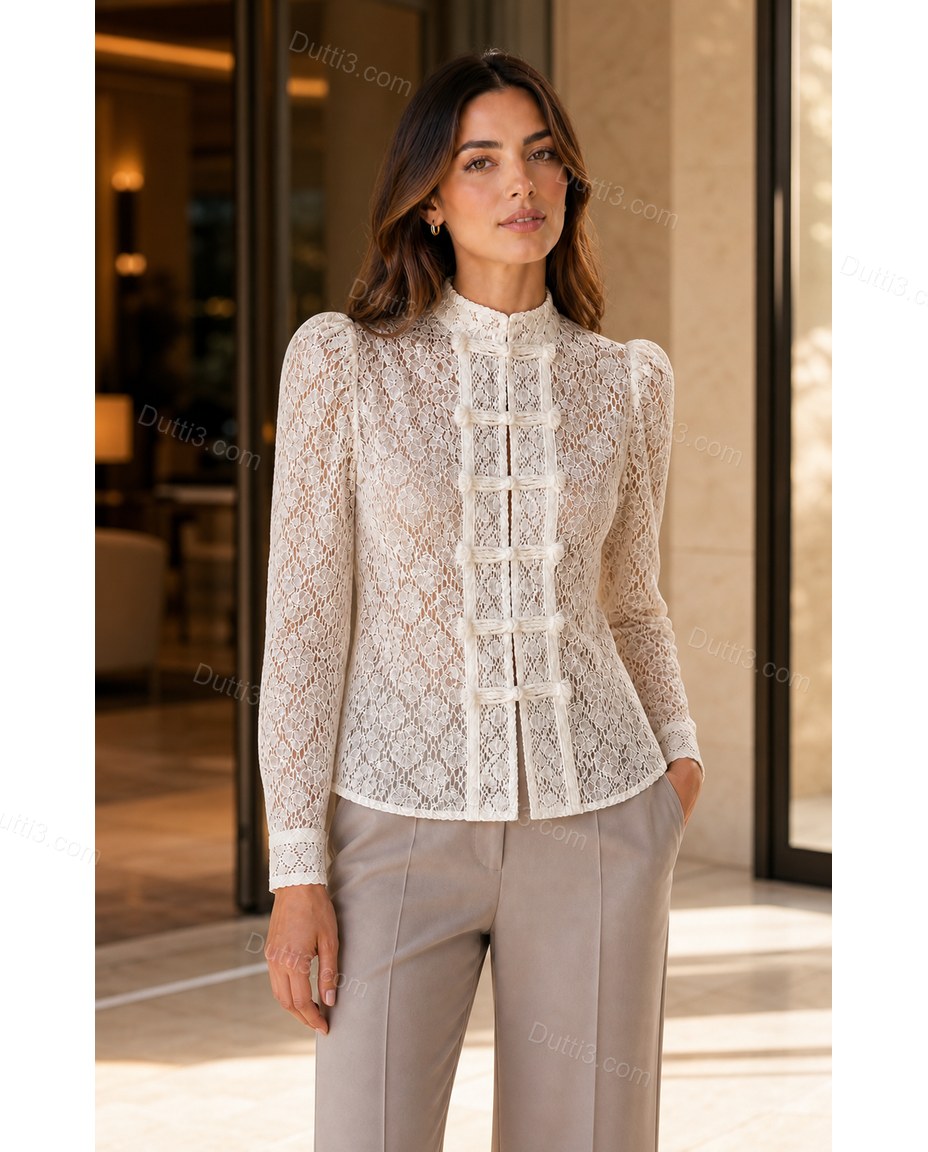 Cream White Floral Lace Blouse, three-quarter brand lifestyle view, by Dutti3