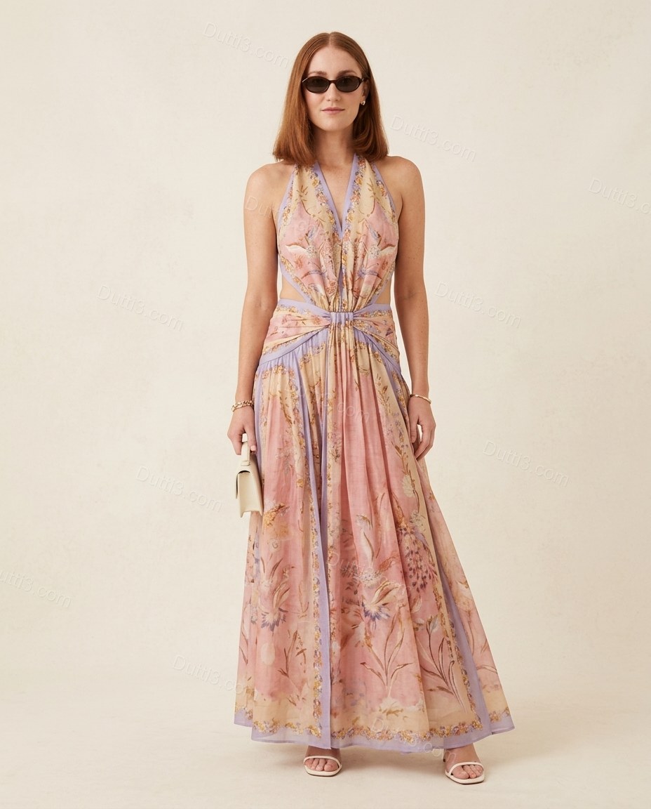 Pink Floral Maxi Open-Back Dress, full-length hero view, by Dutti3