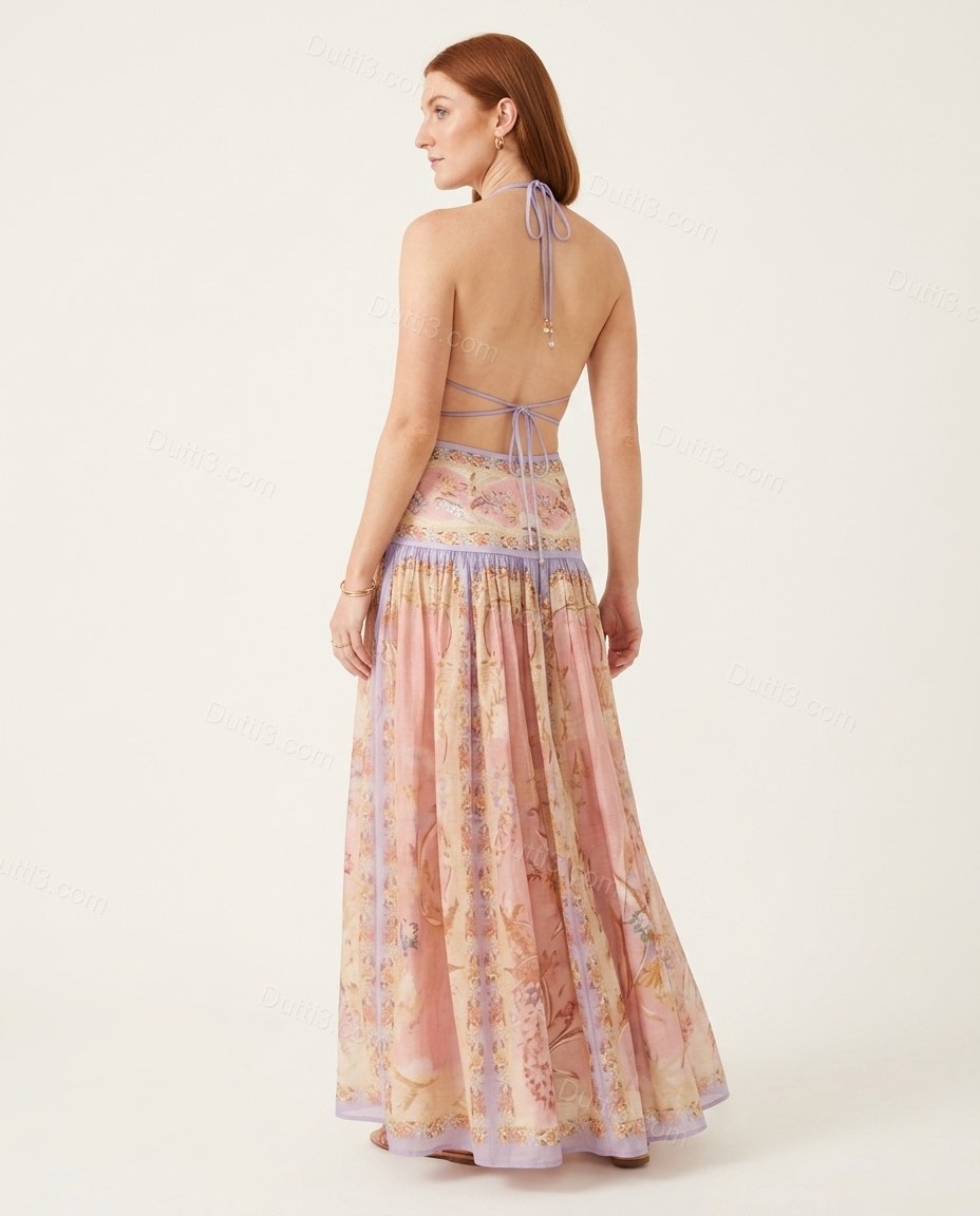 Pink Floral Maxi Open-Back Dress, back studio view showing open back with crisscross straps, by Dutti3