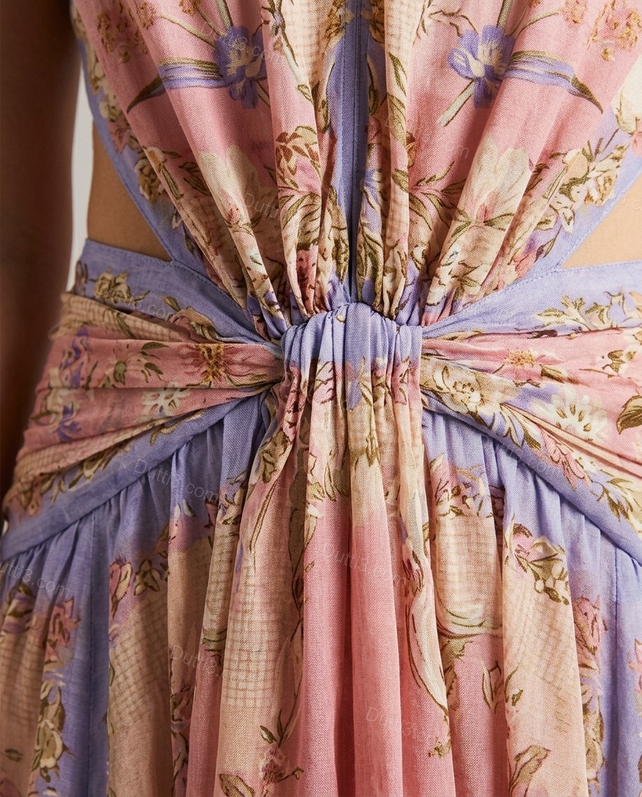 Pink Floral Maxi Open-Back Dress, close-up of floral, by Dutti3