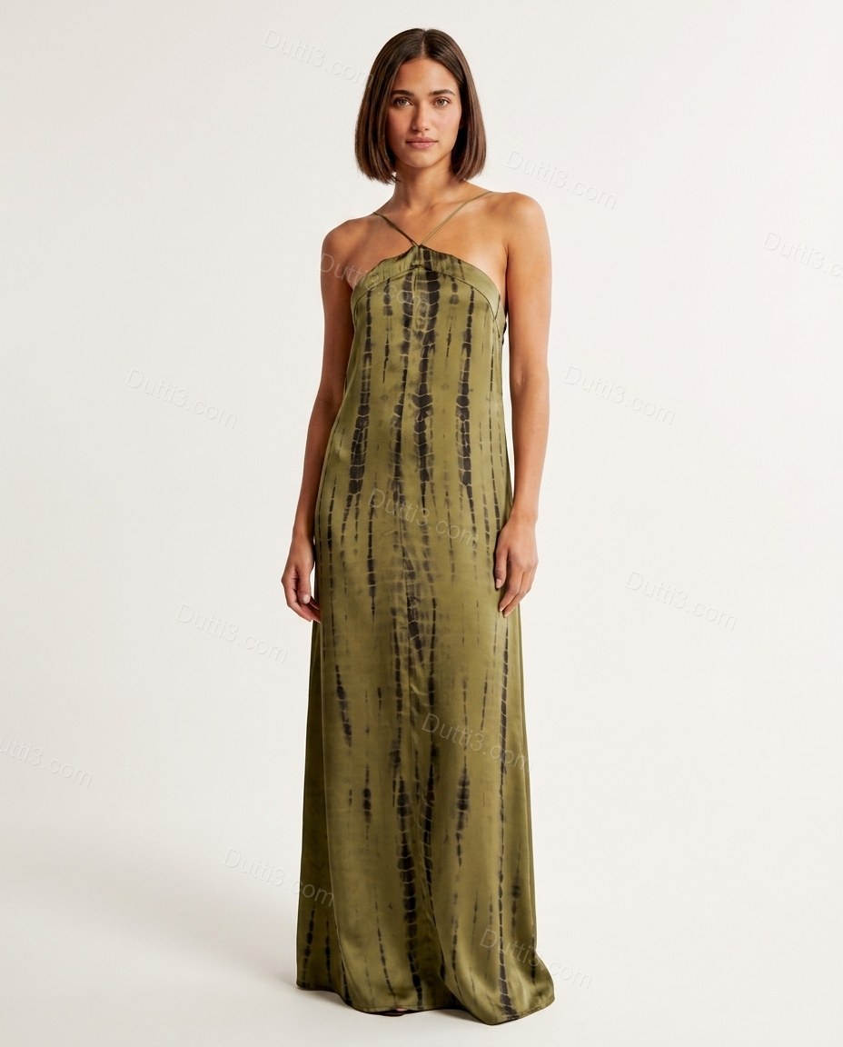 Olive Green Striped Maxi Halter Dress, front studio view, by Dutti3