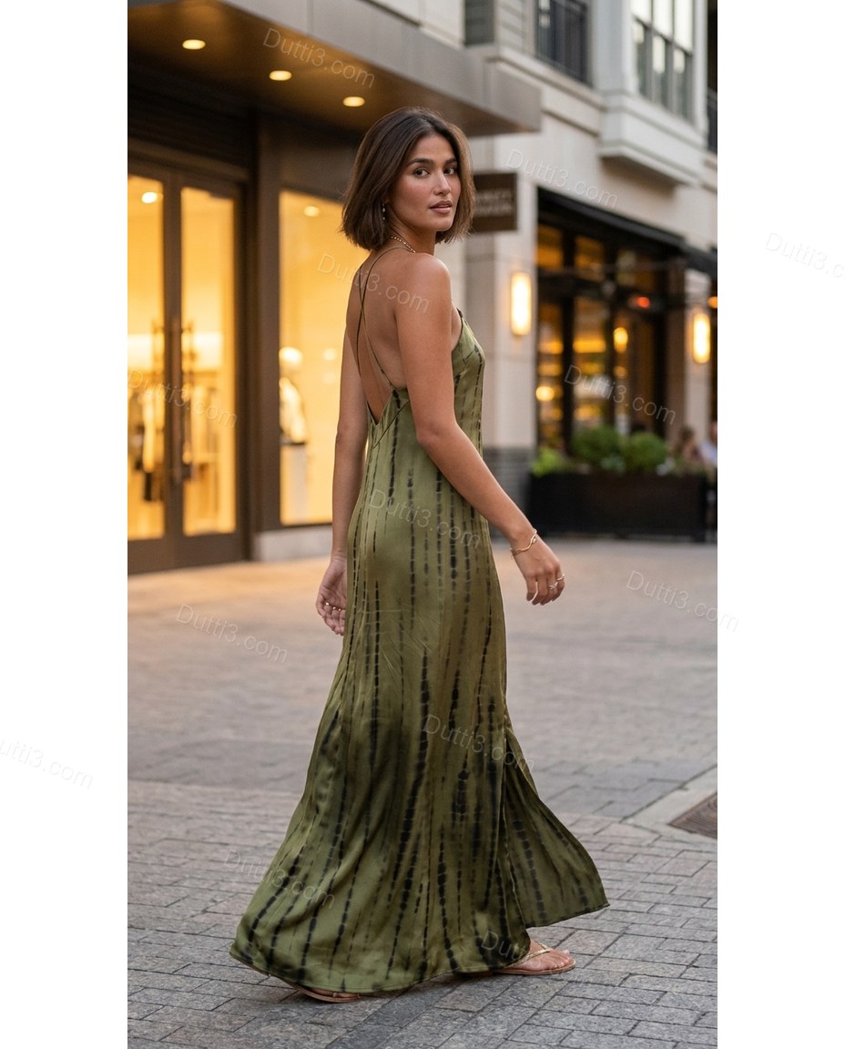 Olive Green Striped Maxi Halter Dress, walking lifestyle view, by Dutti3