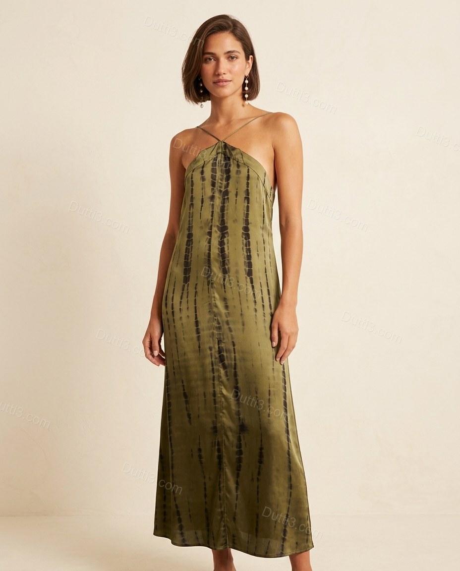 Olive Green Striped Maxi Halter Dress, full-length hero view, by Dutti3