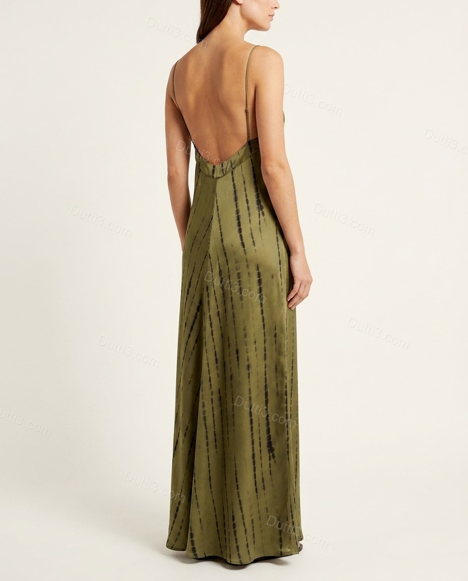 Olive Green Striped Maxi Halter Dress, back studio view, by Dutti3