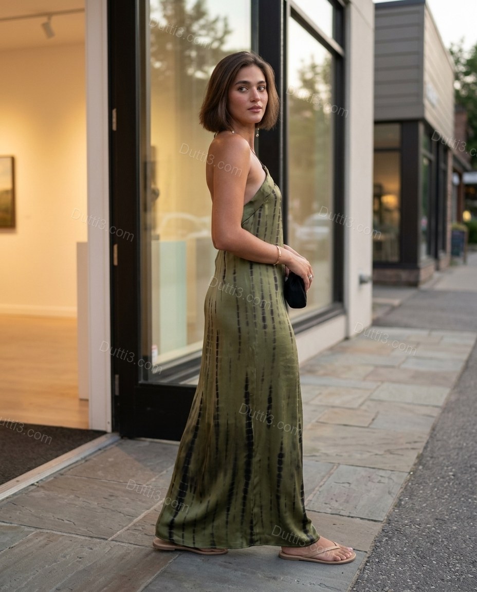 Olive Green Striped Maxi Halter Dress, movement and fit lifestyle view, by Dutti3